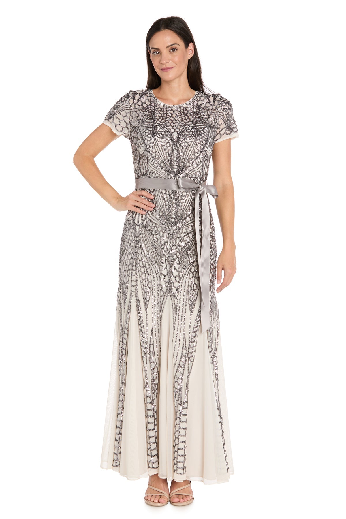 Jewel Neck Long Sequin Mother of the Bride Dress by R&M Richards 9615p in Ivory/Pewter