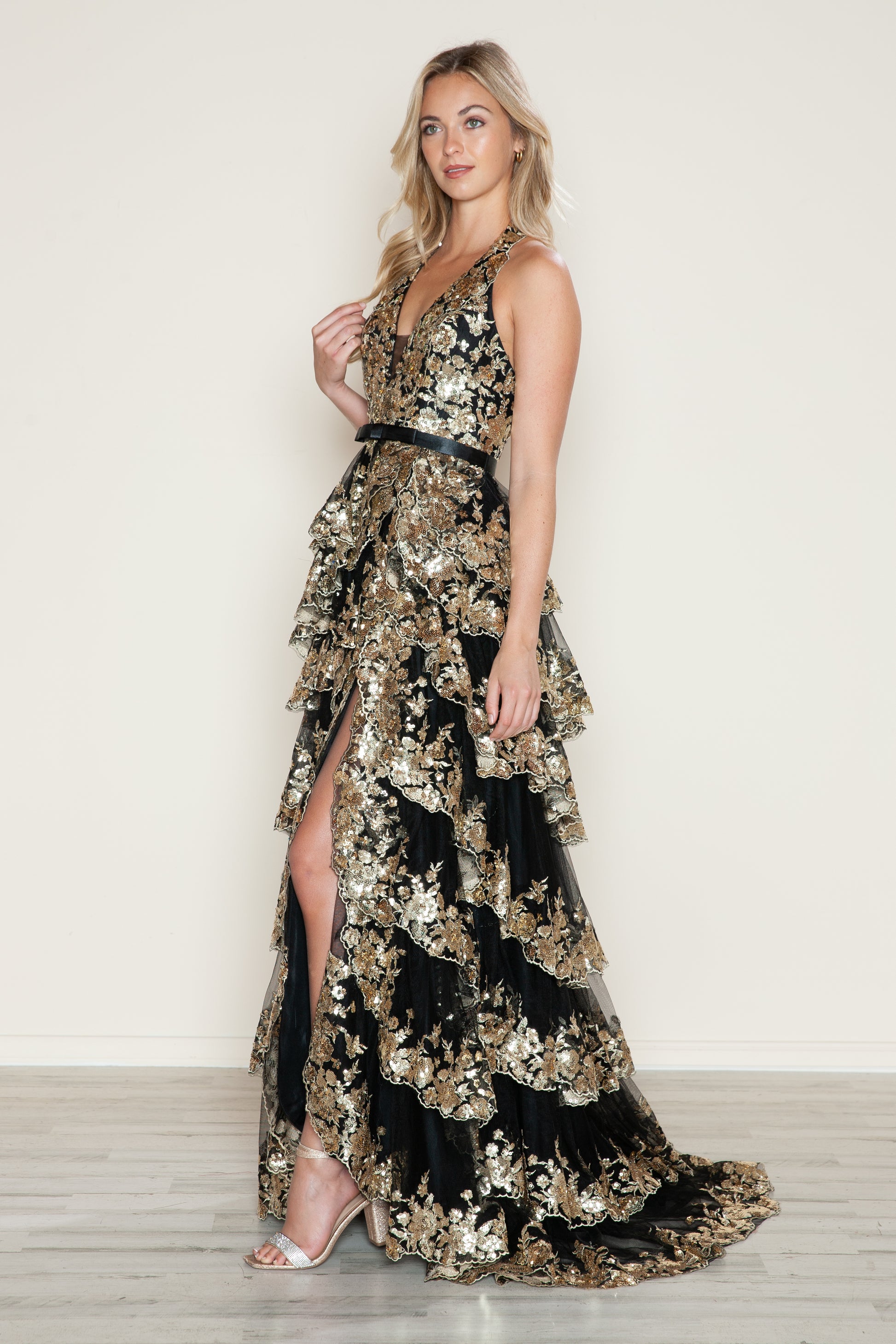 Poly USA 9618 Long A Line Slit Tiered Layered Formal Prom Dress
