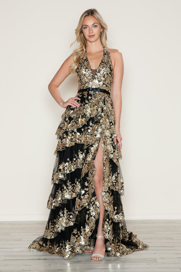 Poly USA 9618 Long A Line Slit Tiered Layered Formal Prom Dress