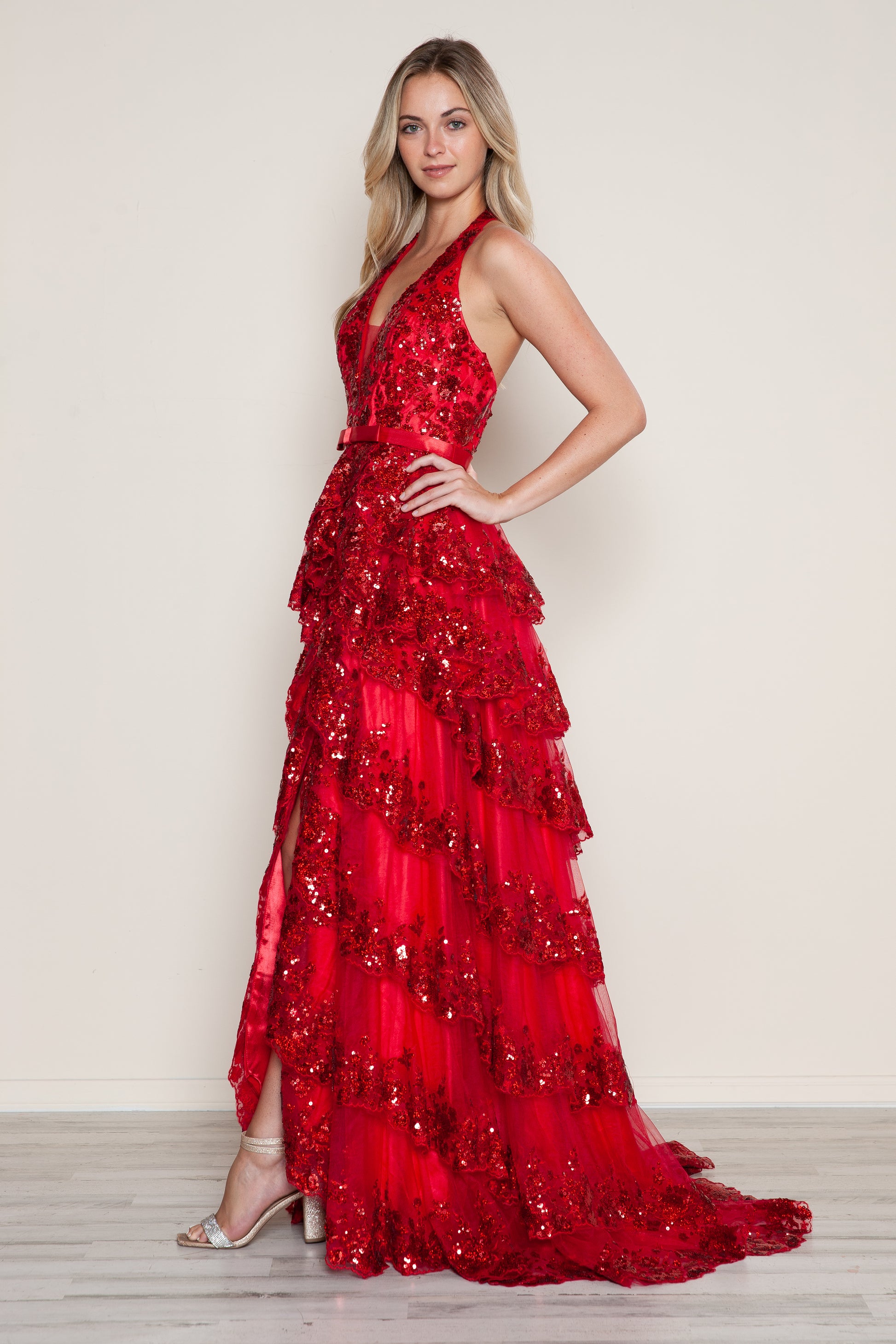 Poly USA 9618 Long A Line Slit Tiered Layered Formal Prom Dress