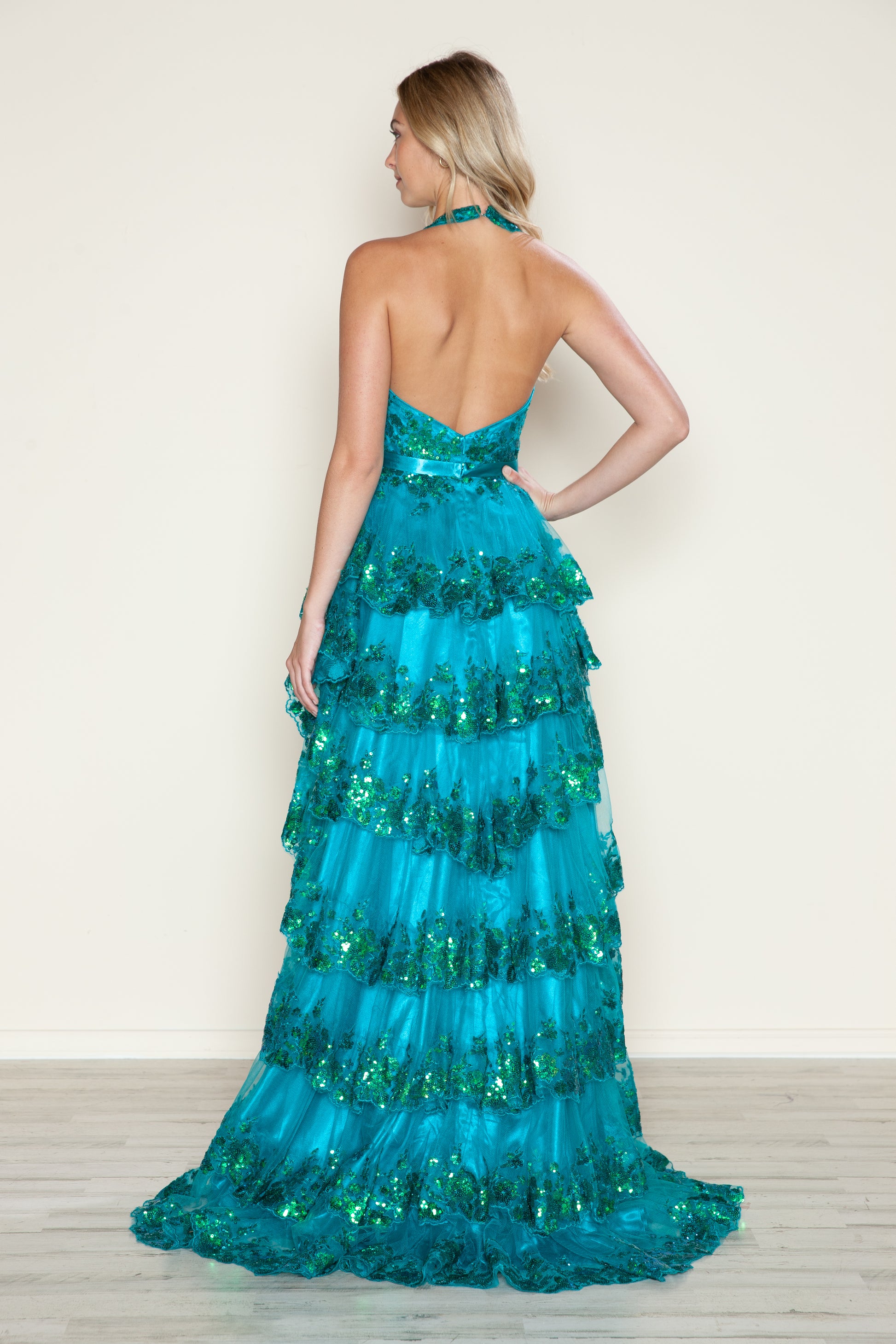 Poly USA 9618 Long A Line Slit Tiered Layered Formal Prom Dress