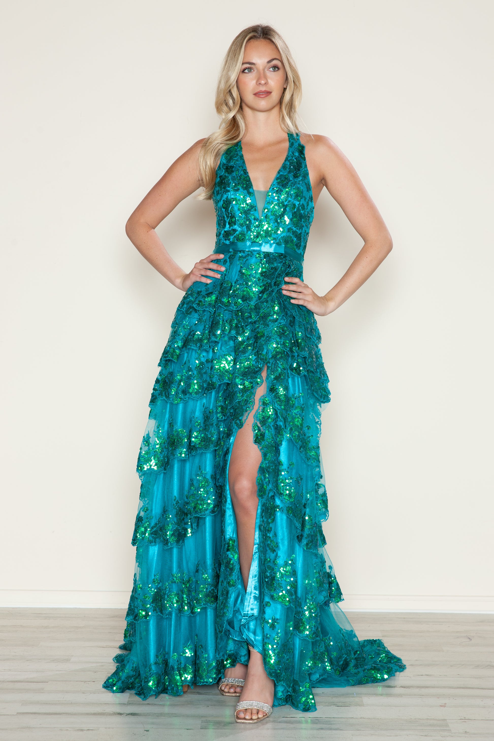 Poly USA 9618 Long A Line Slit Tiered Layered Formal Prom Dress