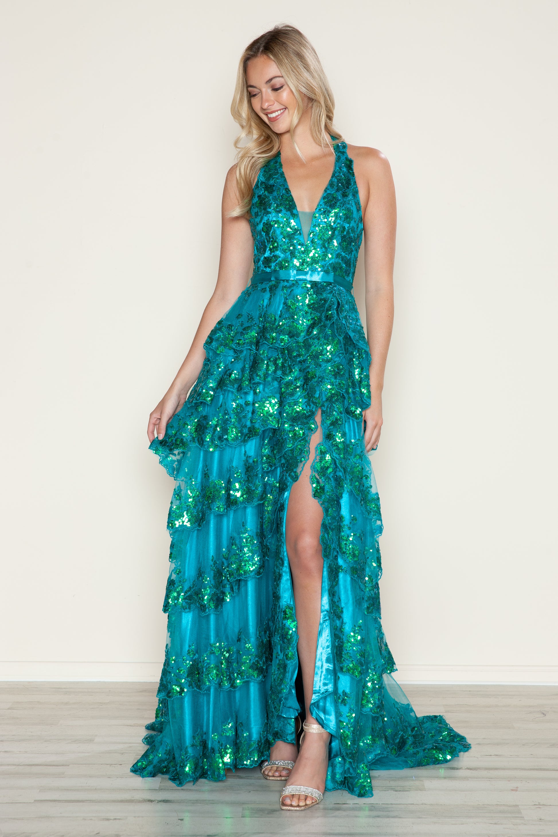 Poly USA 9618 Long A Line Slit Tiered Layered Formal Prom Dress
