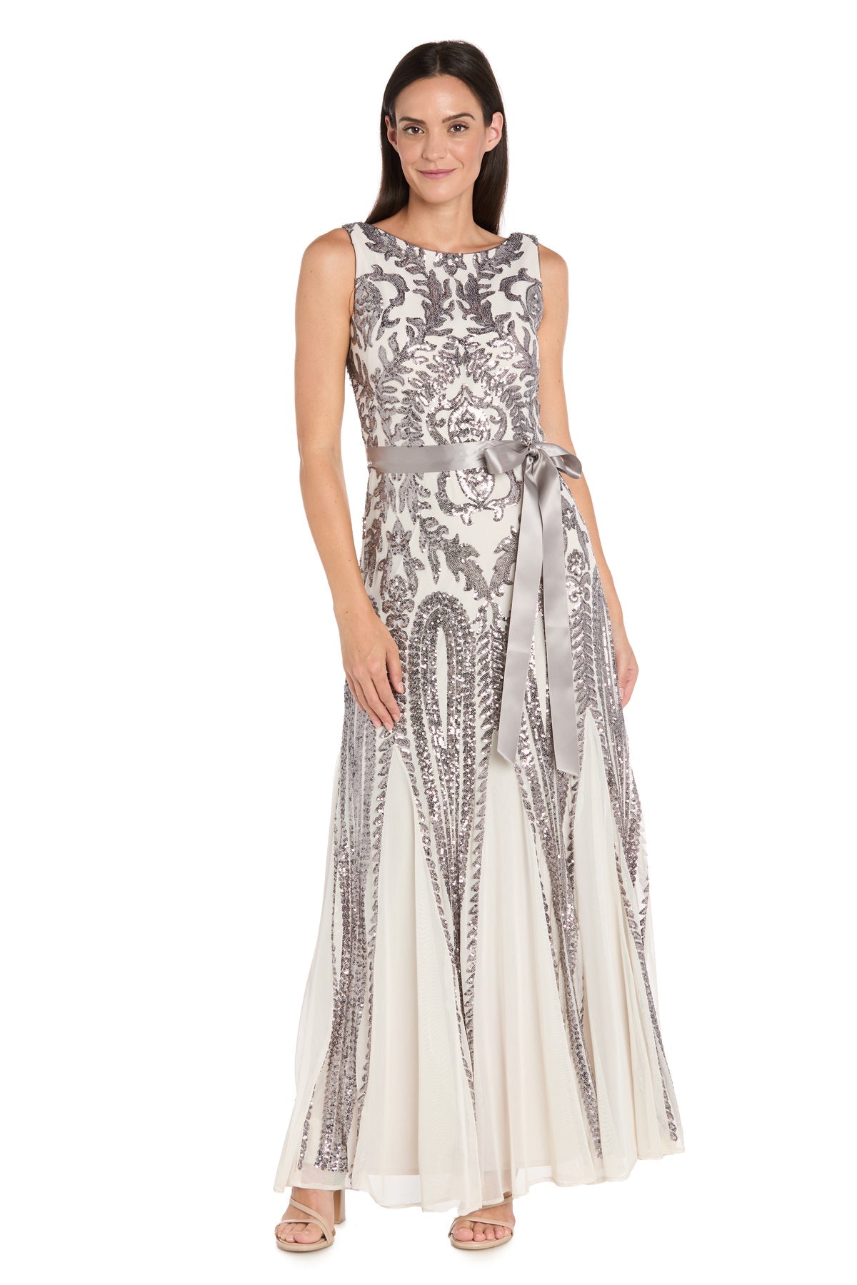 Bateau Sleeveless Sequin Evening Gown by R&M Richards 9640 in Ivory/Pewter