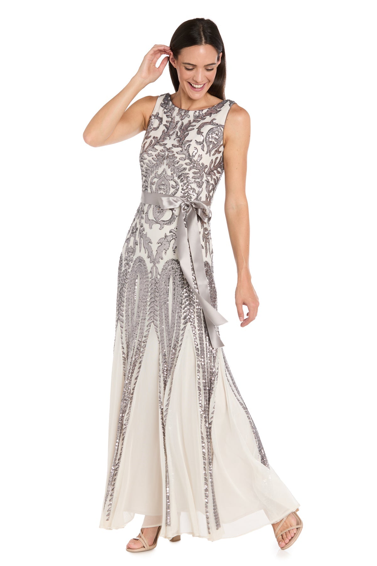 Bateau Long Sequin Formal Gown by R&M Richards 9640P in Ivory/Pewter