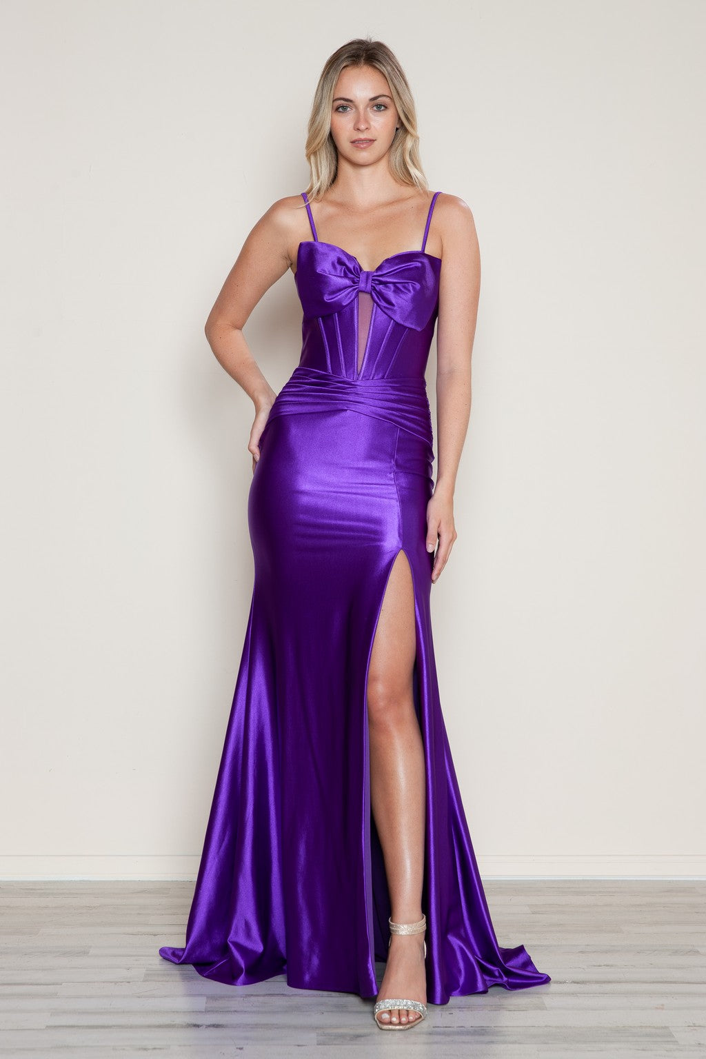 Poly USA 9644 Pleated Long Formal Fitted Slit Prom Dress