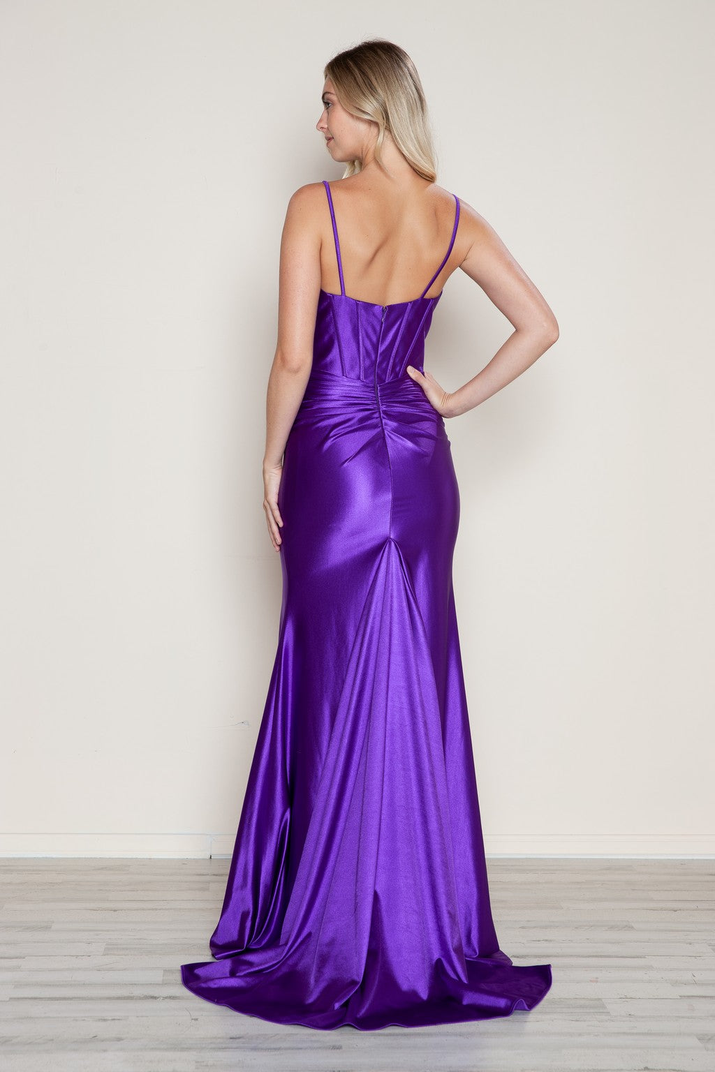 Poly USA 9644 Pleated Long Formal Fitted Slit Prom Dress