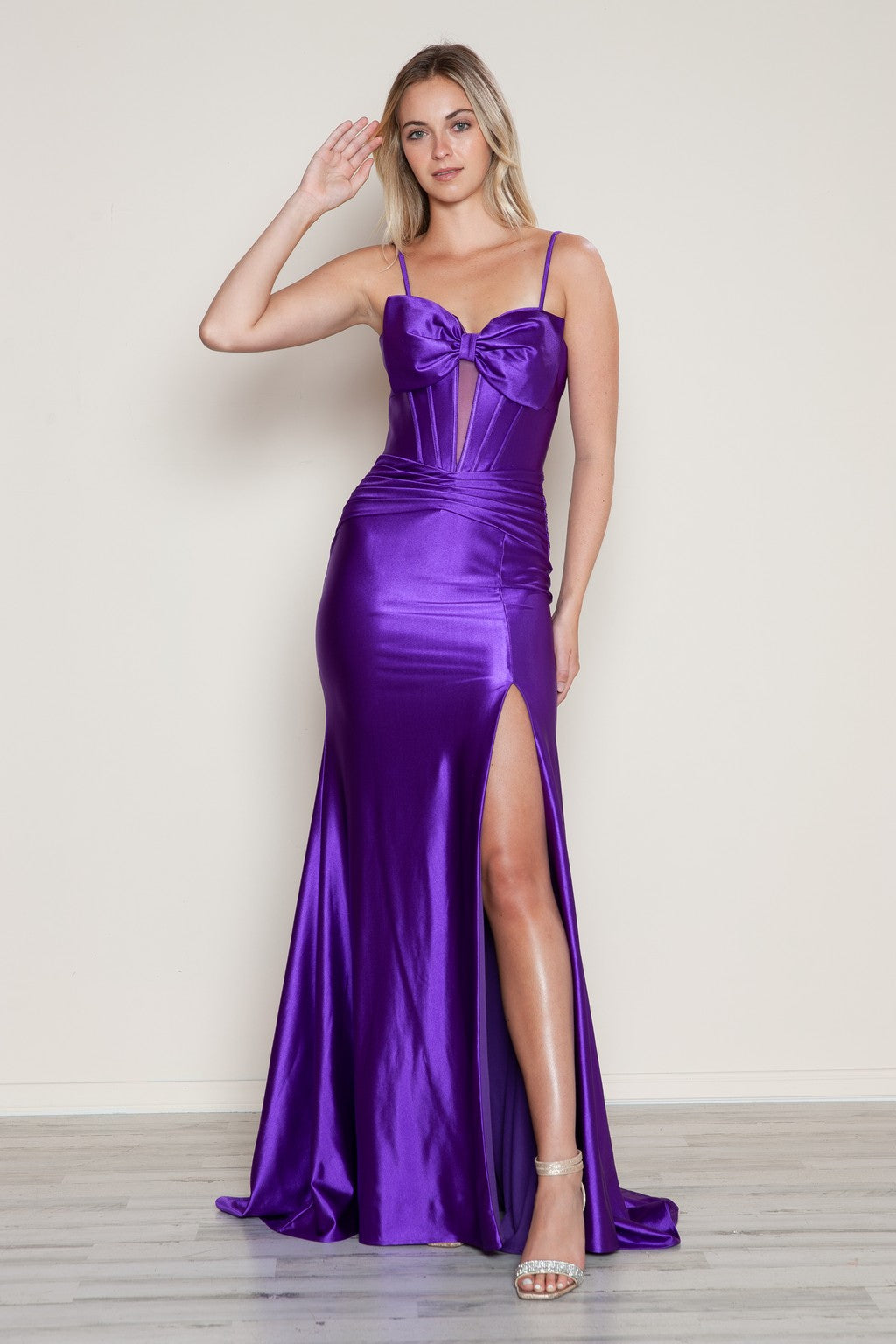 Poly USA 9644 Pleated Long Formal Fitted Slit Prom Dress