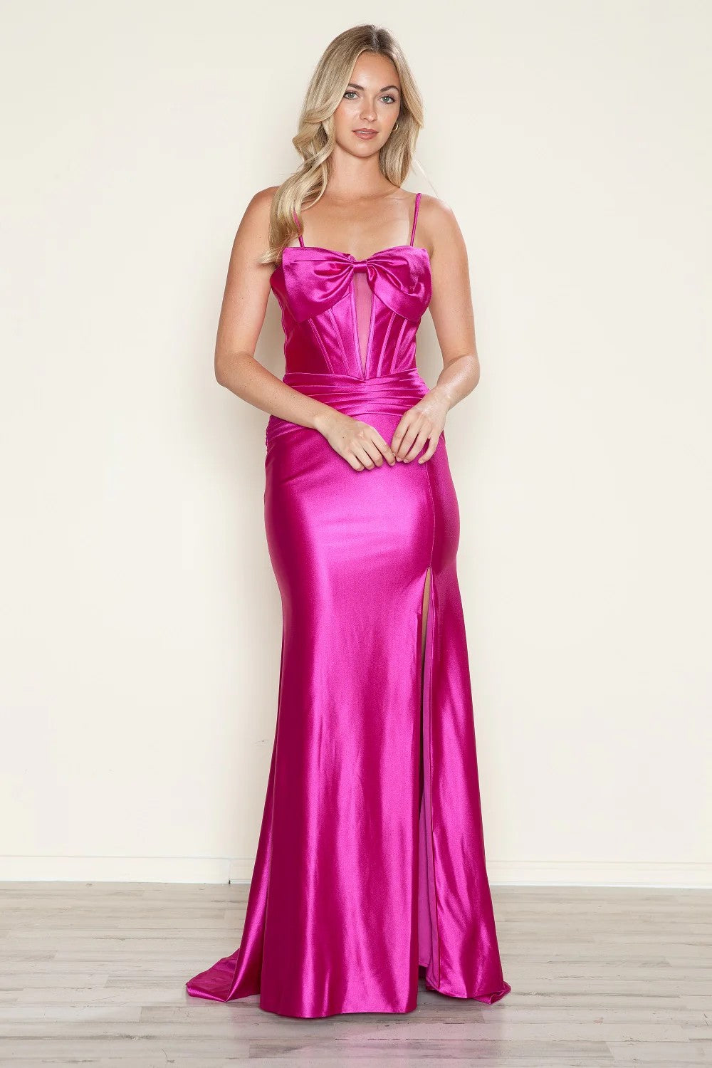 Poly USA 9644 Pleated Long Formal Fitted Slit Prom Dress