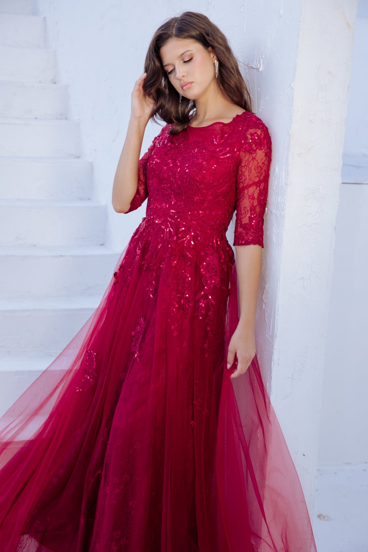 Formal Dresses Prom Floral Lace Long Formal Dress Eureka Fashion 9660 Burgundy