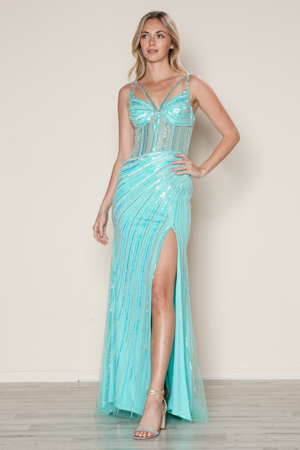 Poly USA 9664 Sequin Long Formal Fitted Prom Dress