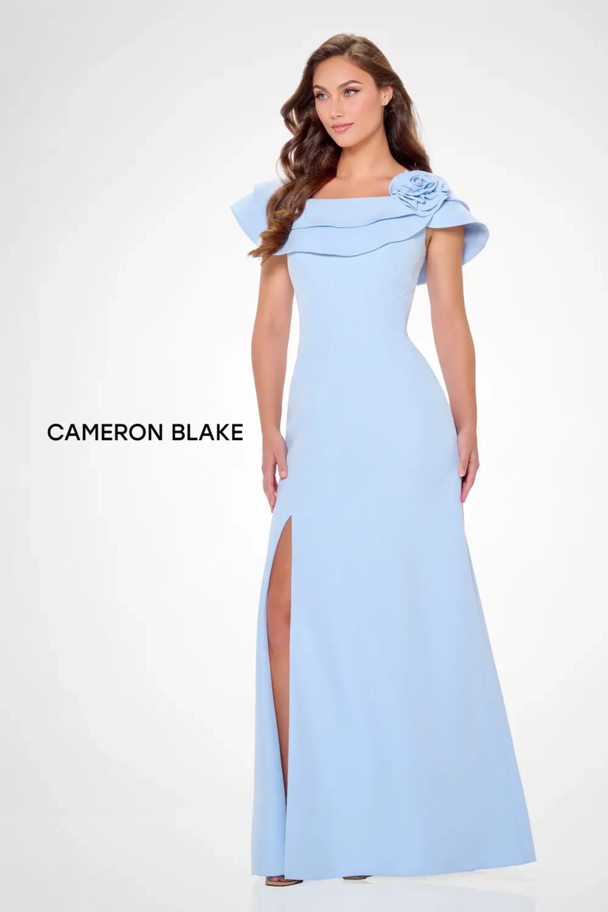 Cameron Blake CB3231 Long A Line Ruffle Slit Formal Evening Dress