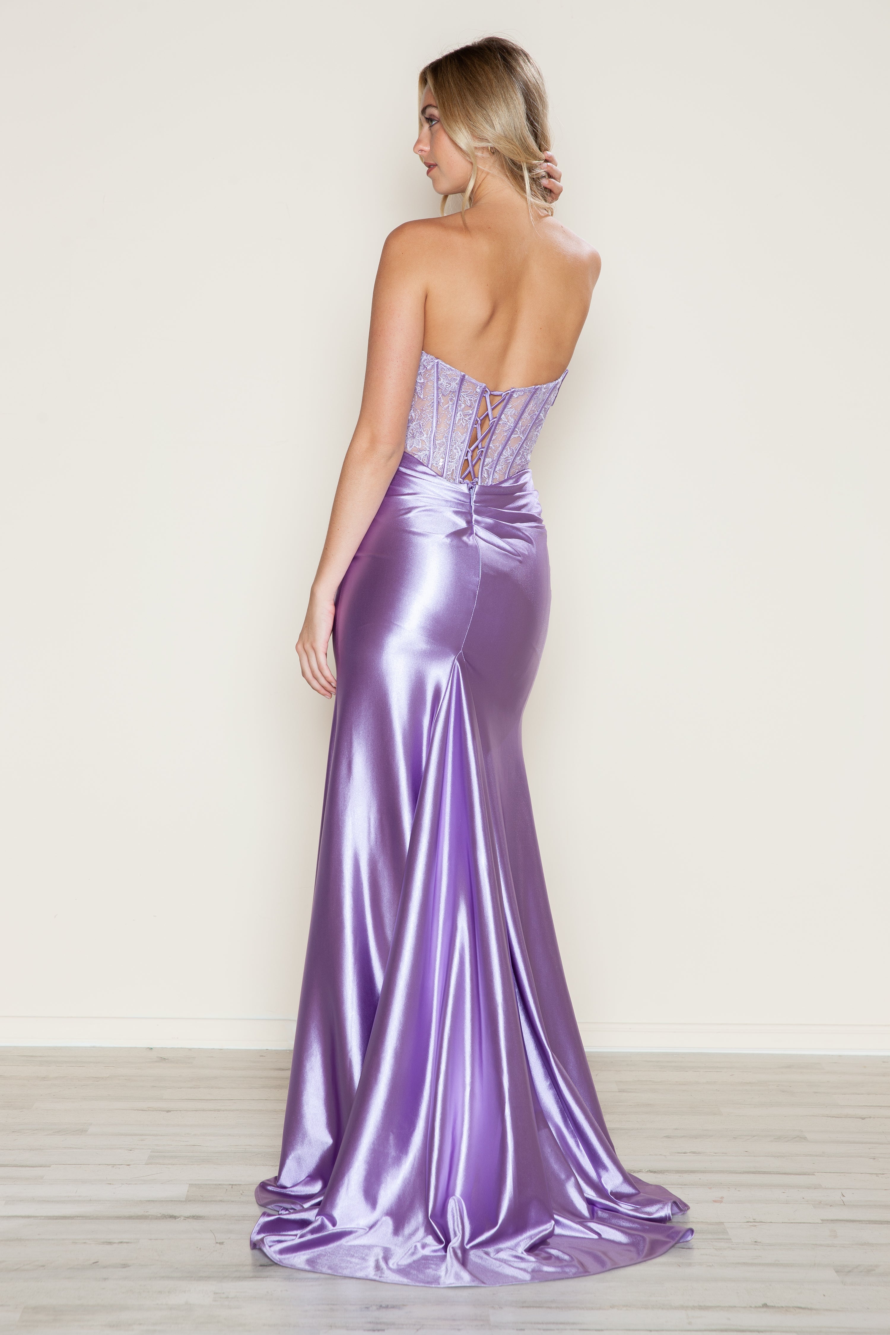 Prom Dresses Fitted Long Slit Lace Formal Prom Dress Lavender