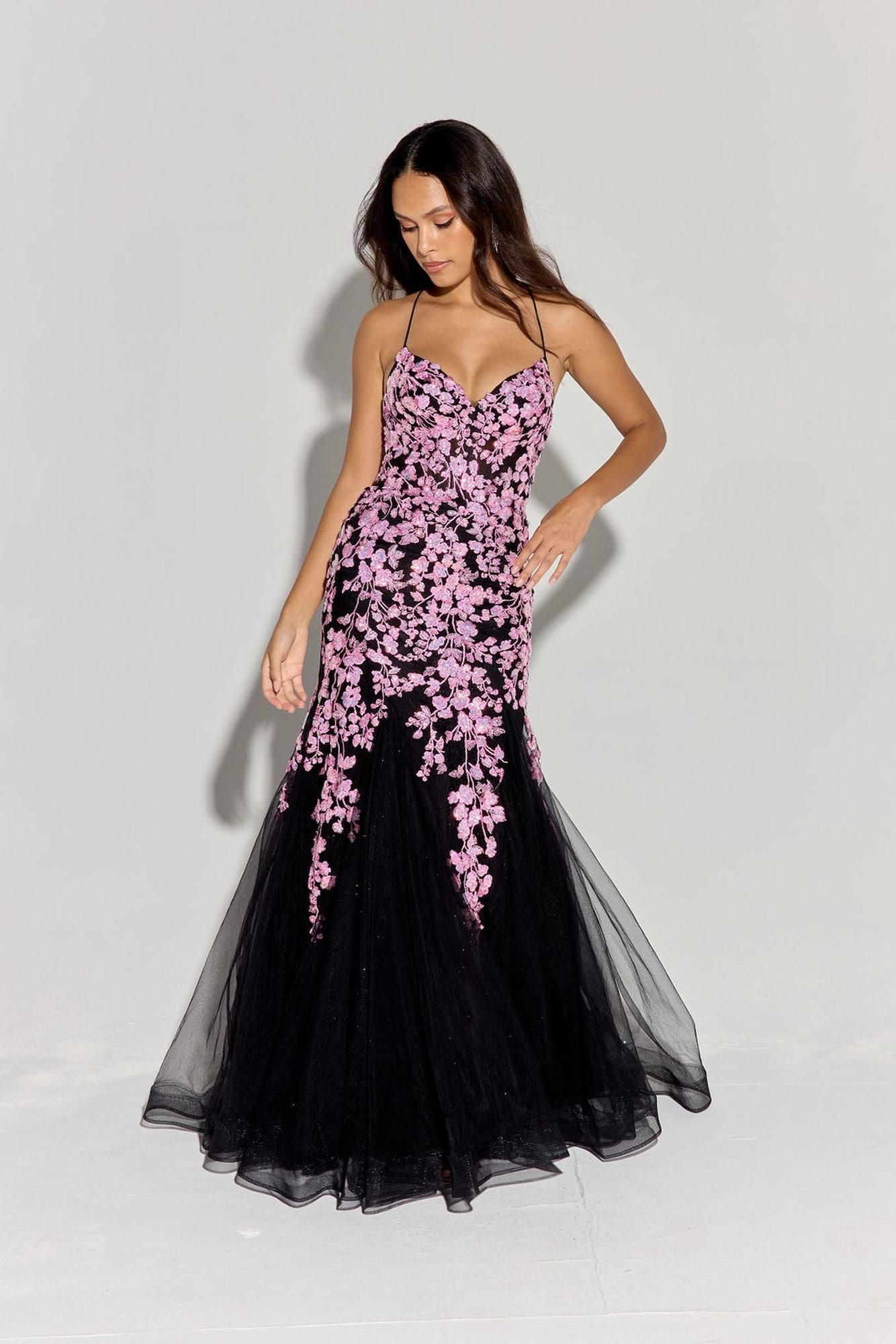 Prom Dresses Formal Floral Sequin Mermaid Prom Long Dress Eureka Fashion 9696 Black/Pink