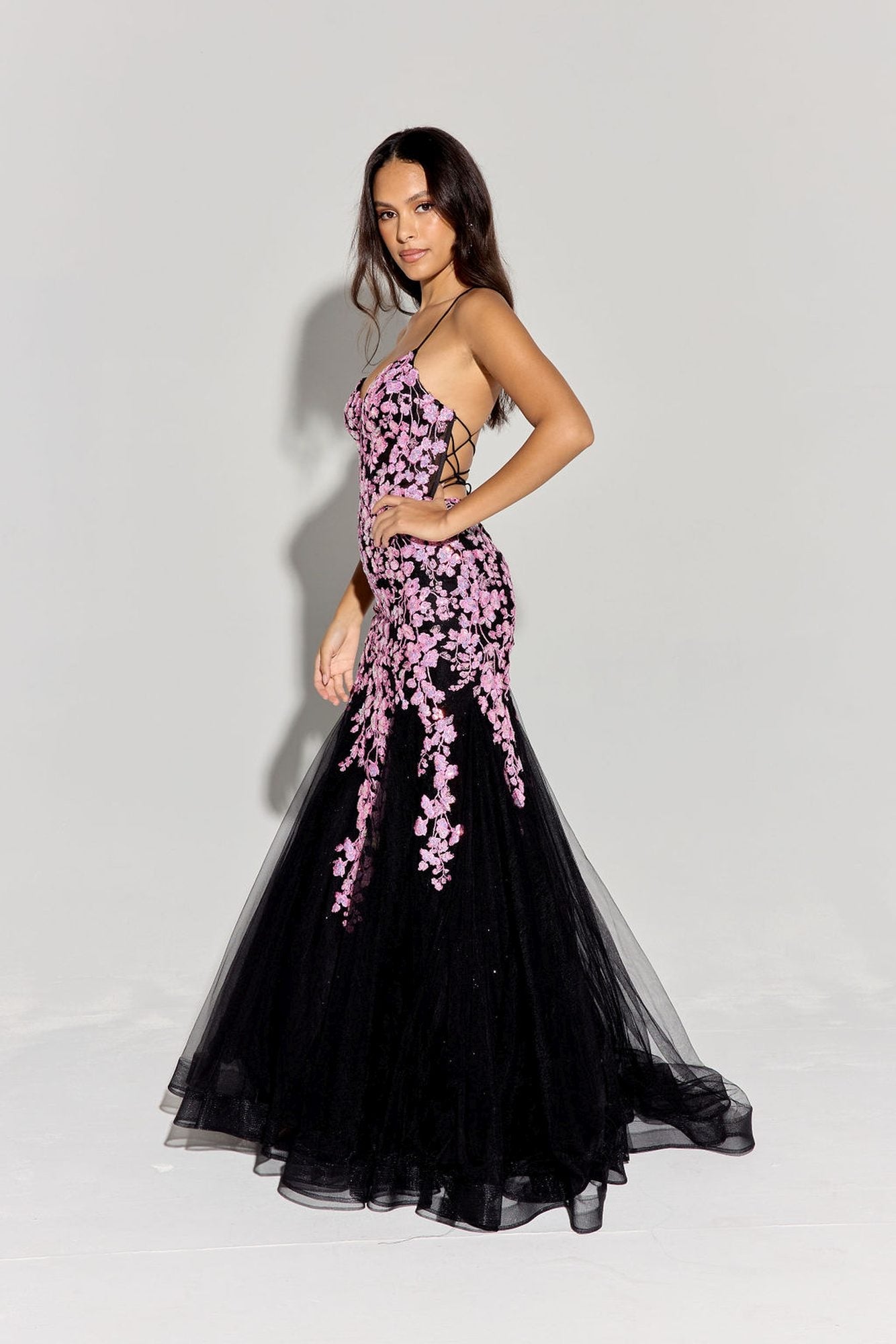 Prom Dresses Formal Floral Sequin Mermaid Prom Long Dress Eureka Fashion 9696 Black/Pink
