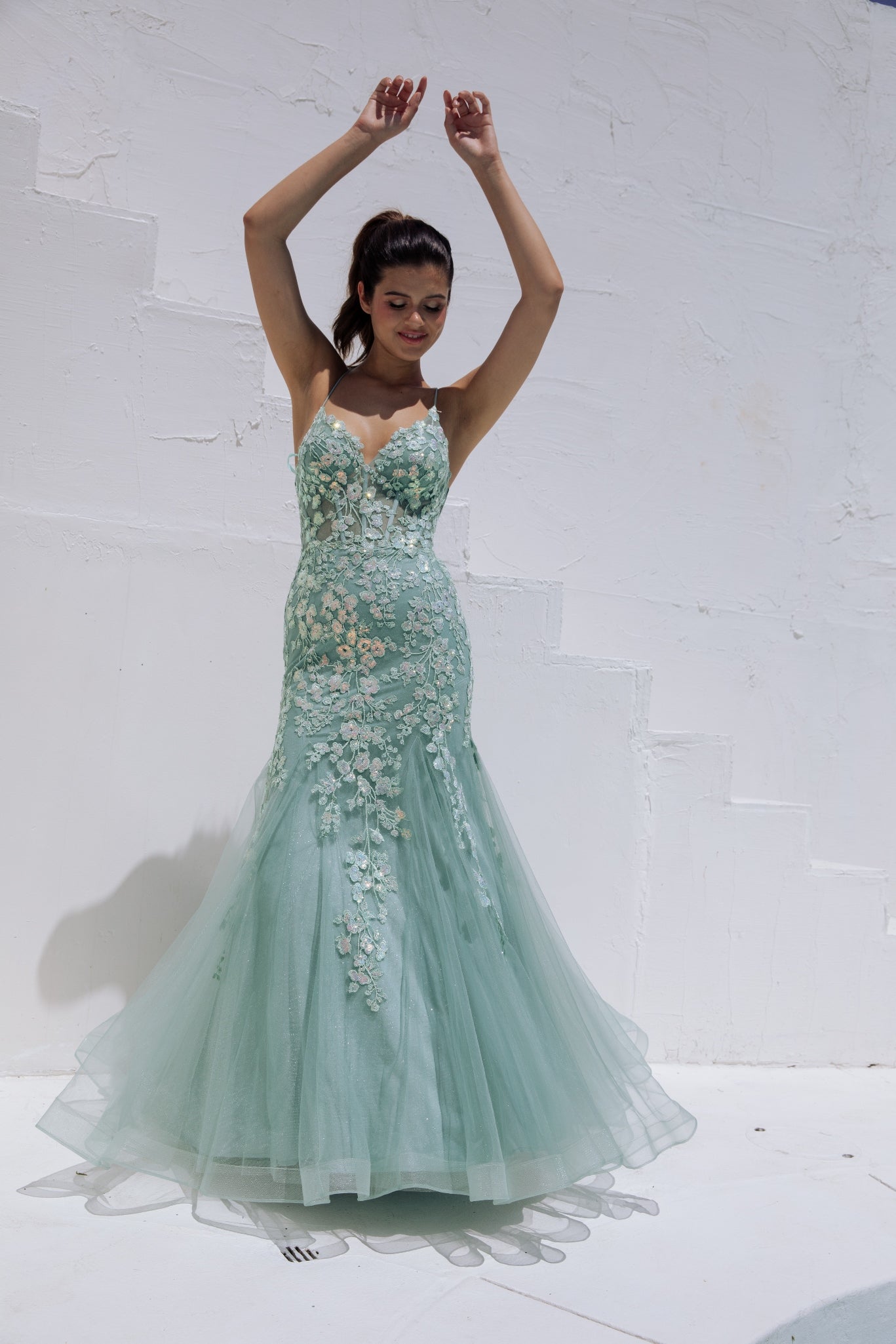 Prom Dresses Formal Floral Sequin Mermaid Prom Long Dress Eureka Fashion 9696 Sage