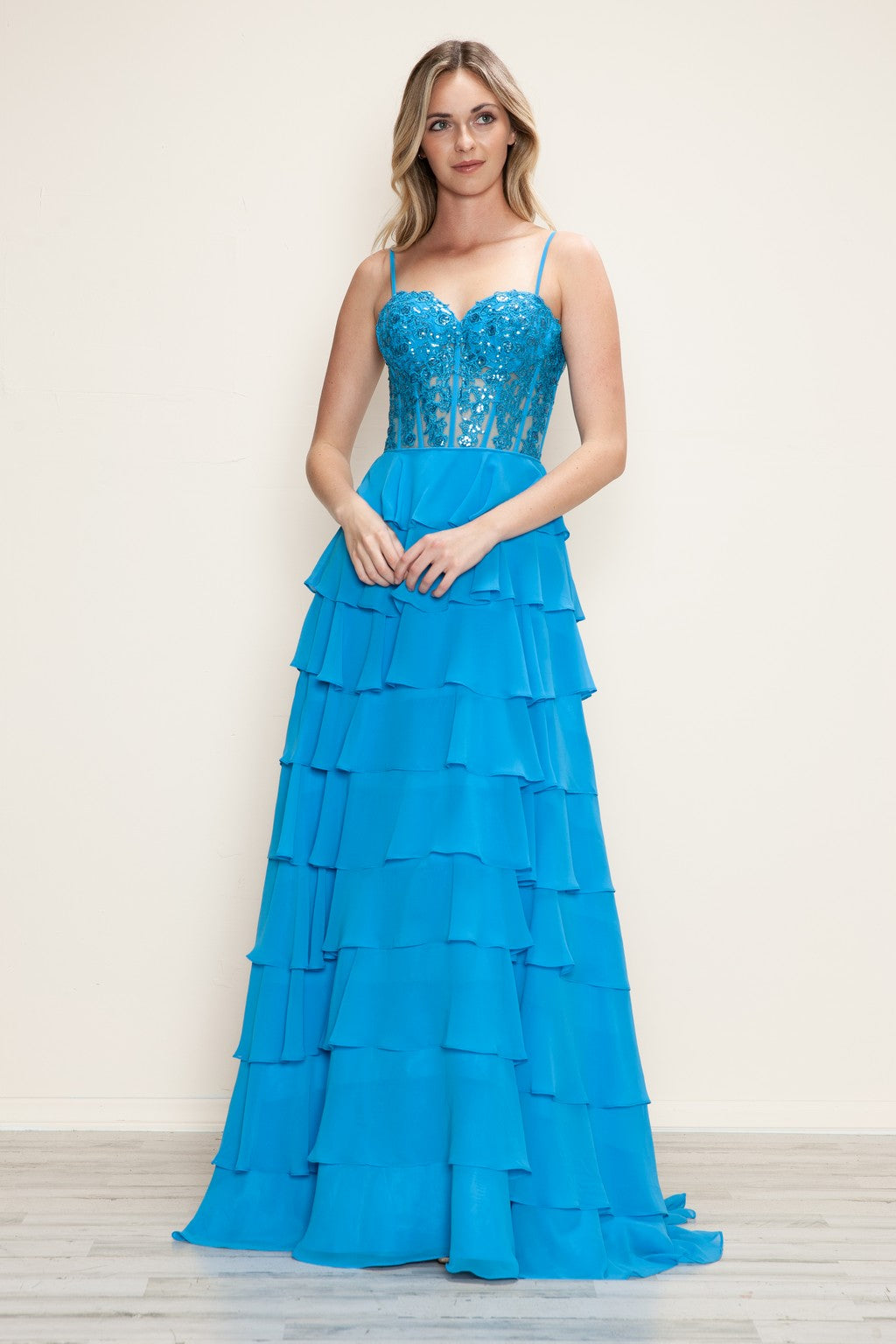 Poly USA 9698 Long Formal A Line Tiered Applique Prom Dress The Dress Outlet Poly USA 9698 Long Formal A Line Tiered Applique Prom Dress The Dress Outlet