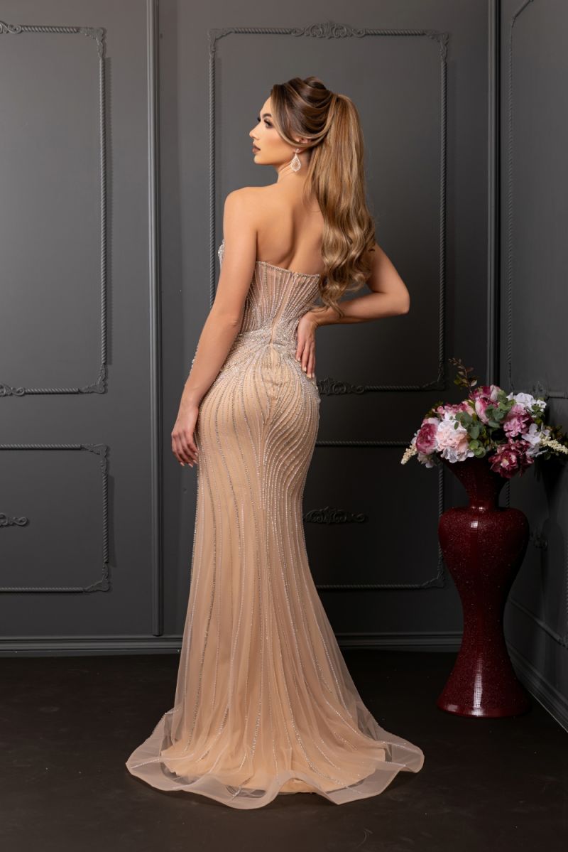 Champagne Sweetheart Floor-Length Mesh Prom Dress Beaded May Queen RQ8258