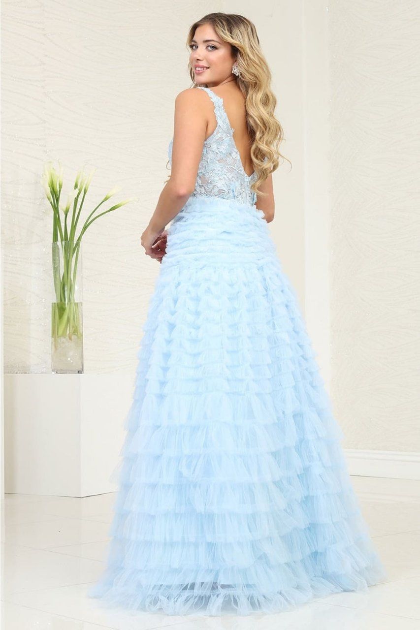 Baby Blue V-Neck Floor-Length Tulle Formal Dress Ruffle May Queen RQ8123