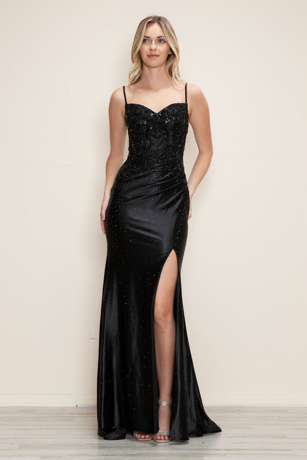 Poly USA 9710 Long Fitted Formal Applique Slit Prom Dress