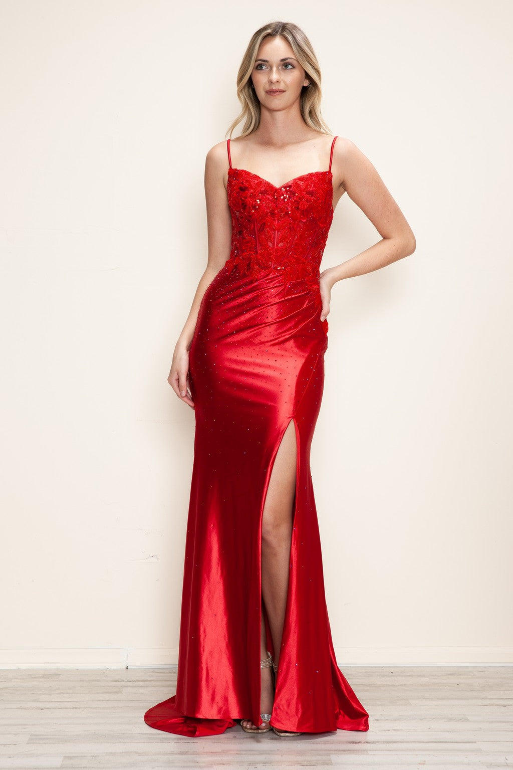 Poly USA 9710 Long Fitted Formal Applique Slit Prom Dress
