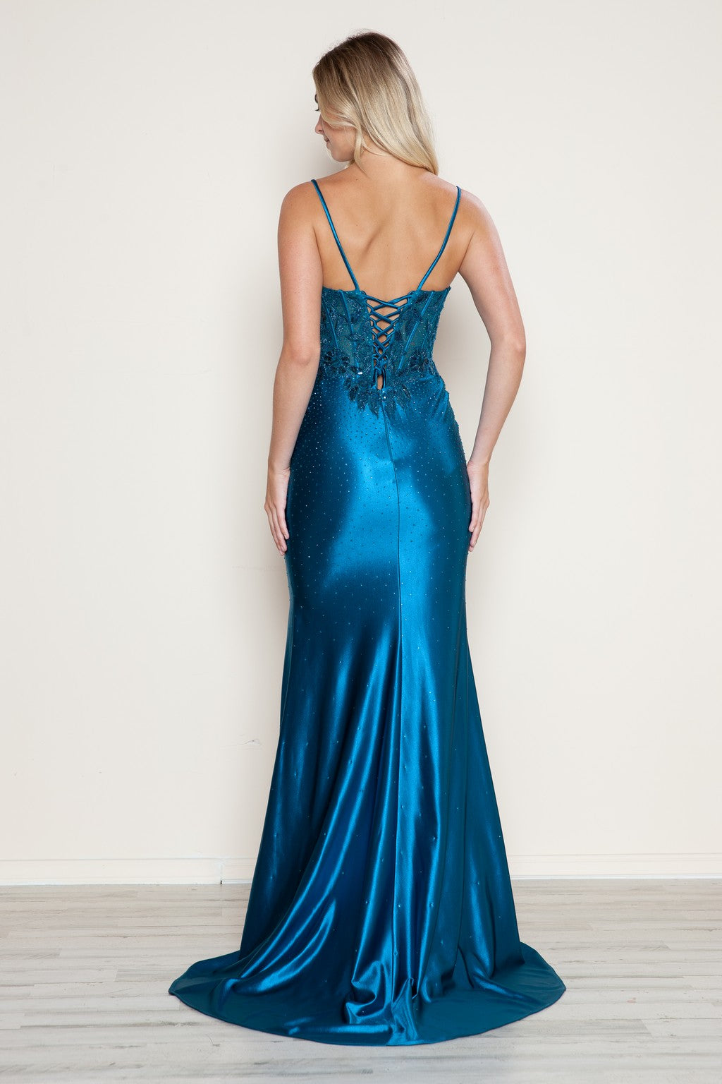 blue satin dress with slit Duntery High Slit Pleated Stretch Satin Gown, Ivory main image 1
