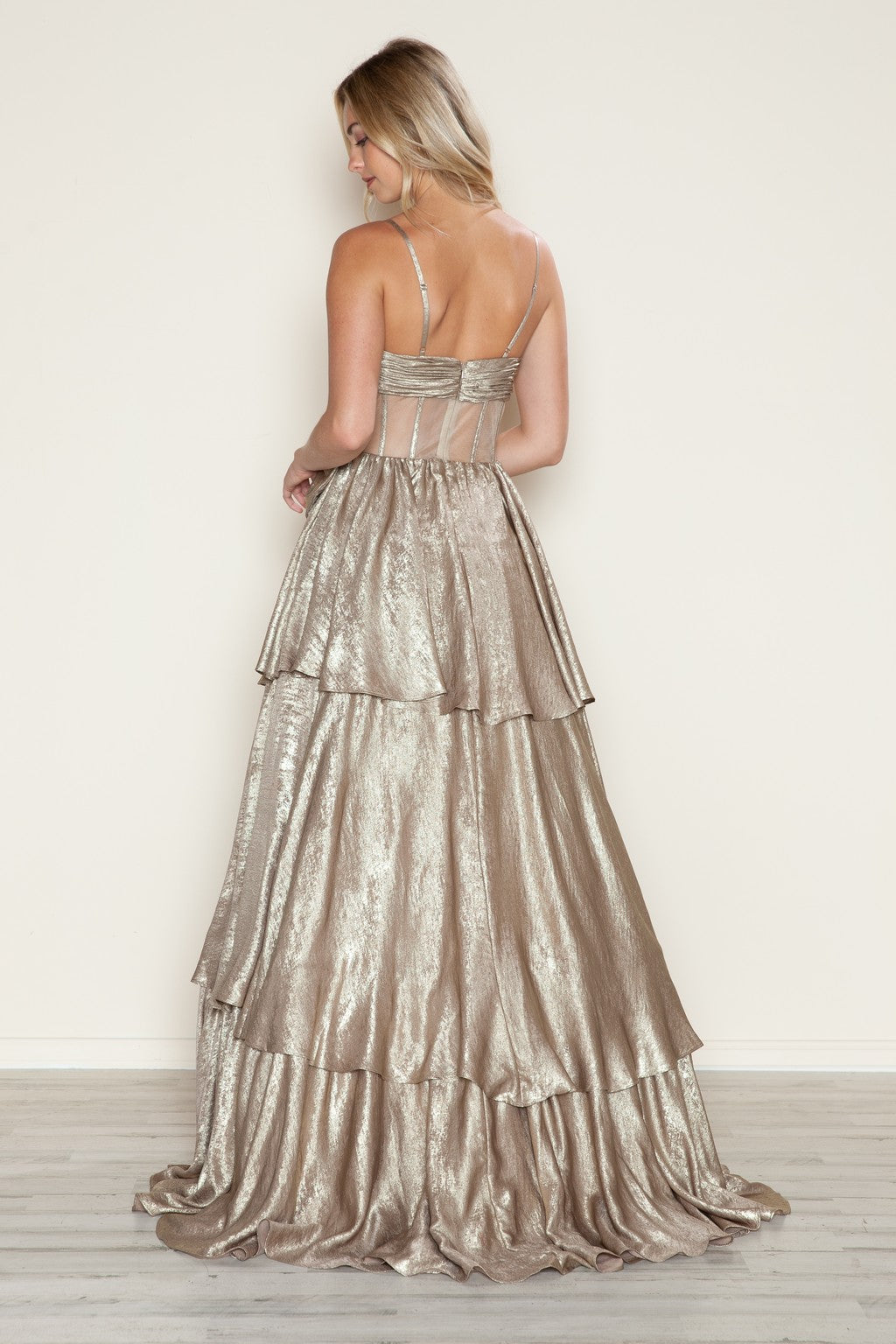 Gold Poly USA 9718 Metallic Long Formal Tiered Prom Dress for $258.0