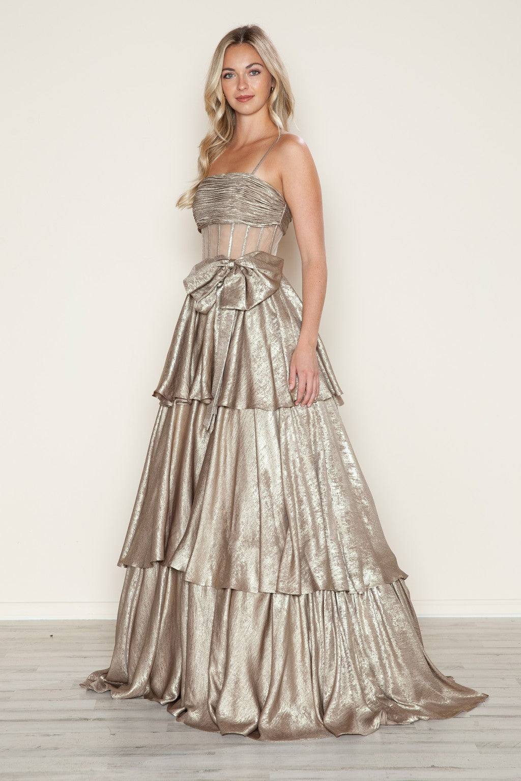 Poly USA 9718 Metallic Long Formal Tiered Prom Dress