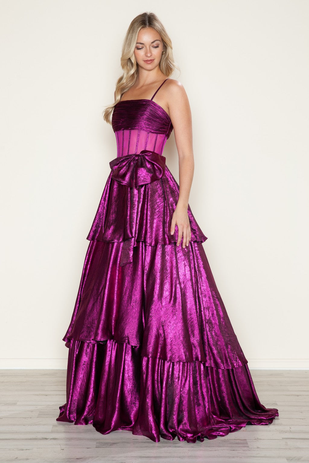 Poly USA 9718 Metallic Long Formal Tiered Prom Dress