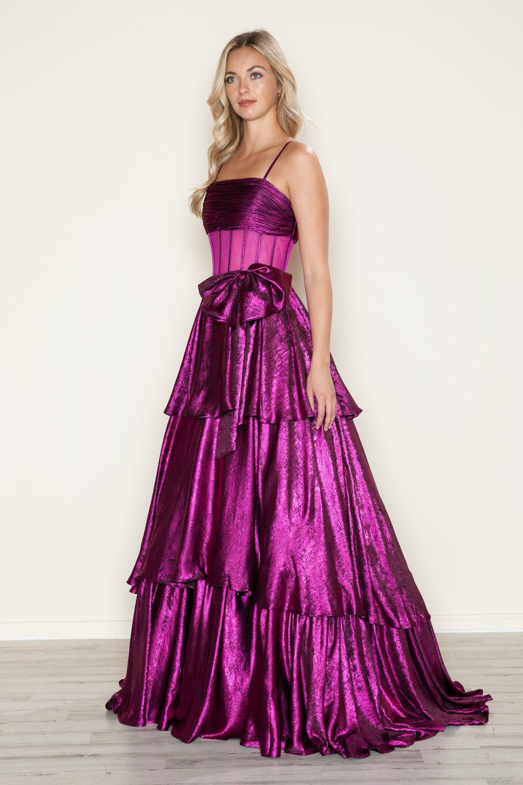 Poly USA 9718 Metallic Long Formal Tiered Prom Dress