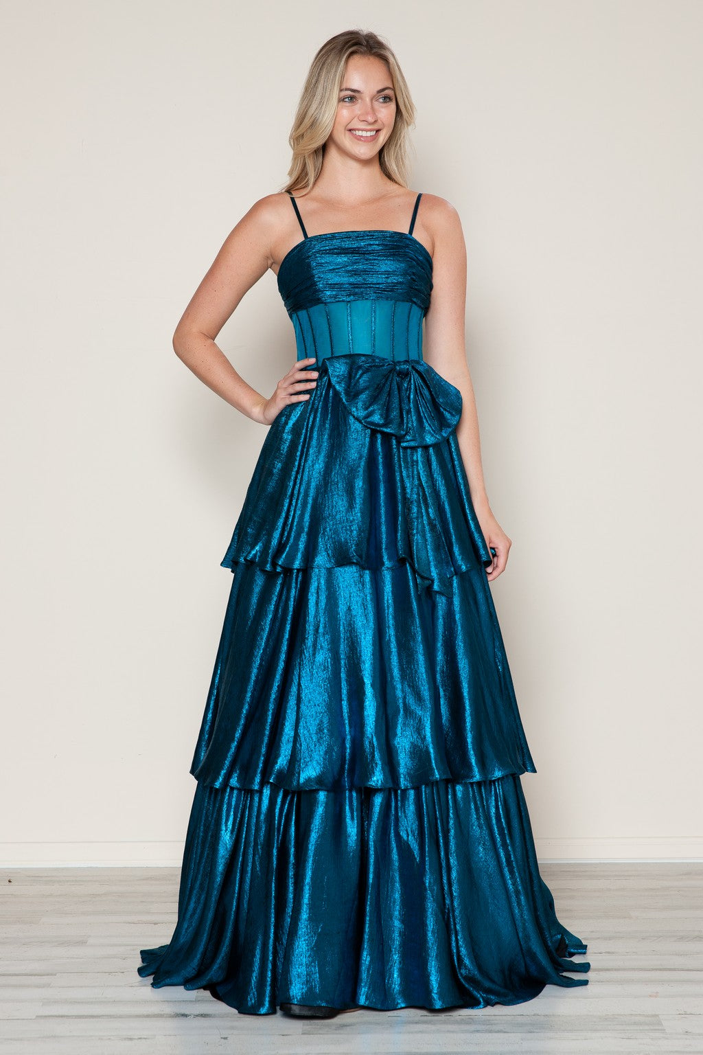 Poly USA 9718 Metallic Long Formal Tiered Prom Dress