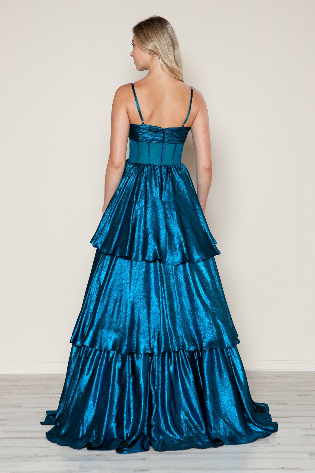 Poly USA 9718 Metallic Long Formal Tiered Prom Dress