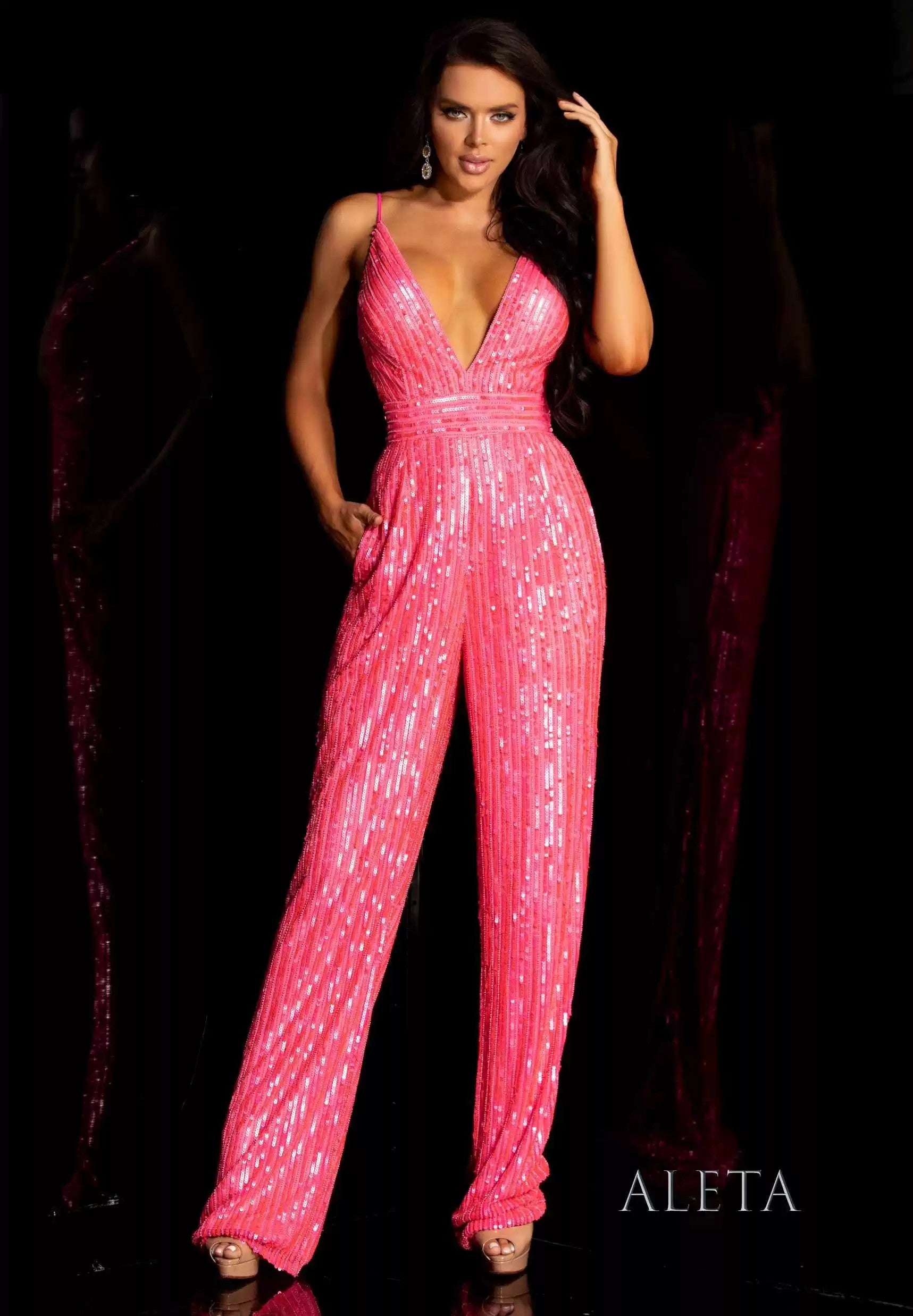 Jumpsuit Sequins Long Evening Jumpsuit Bright Pink