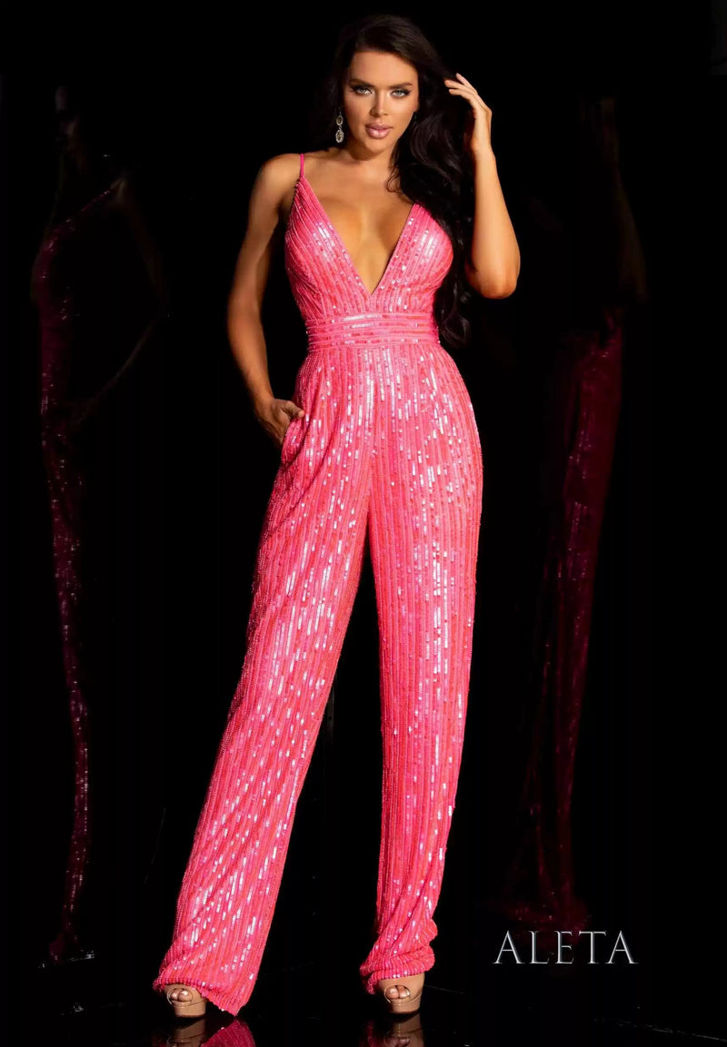 Jumpsuit Sequins Long Evening Jumpsuit Bright Pink