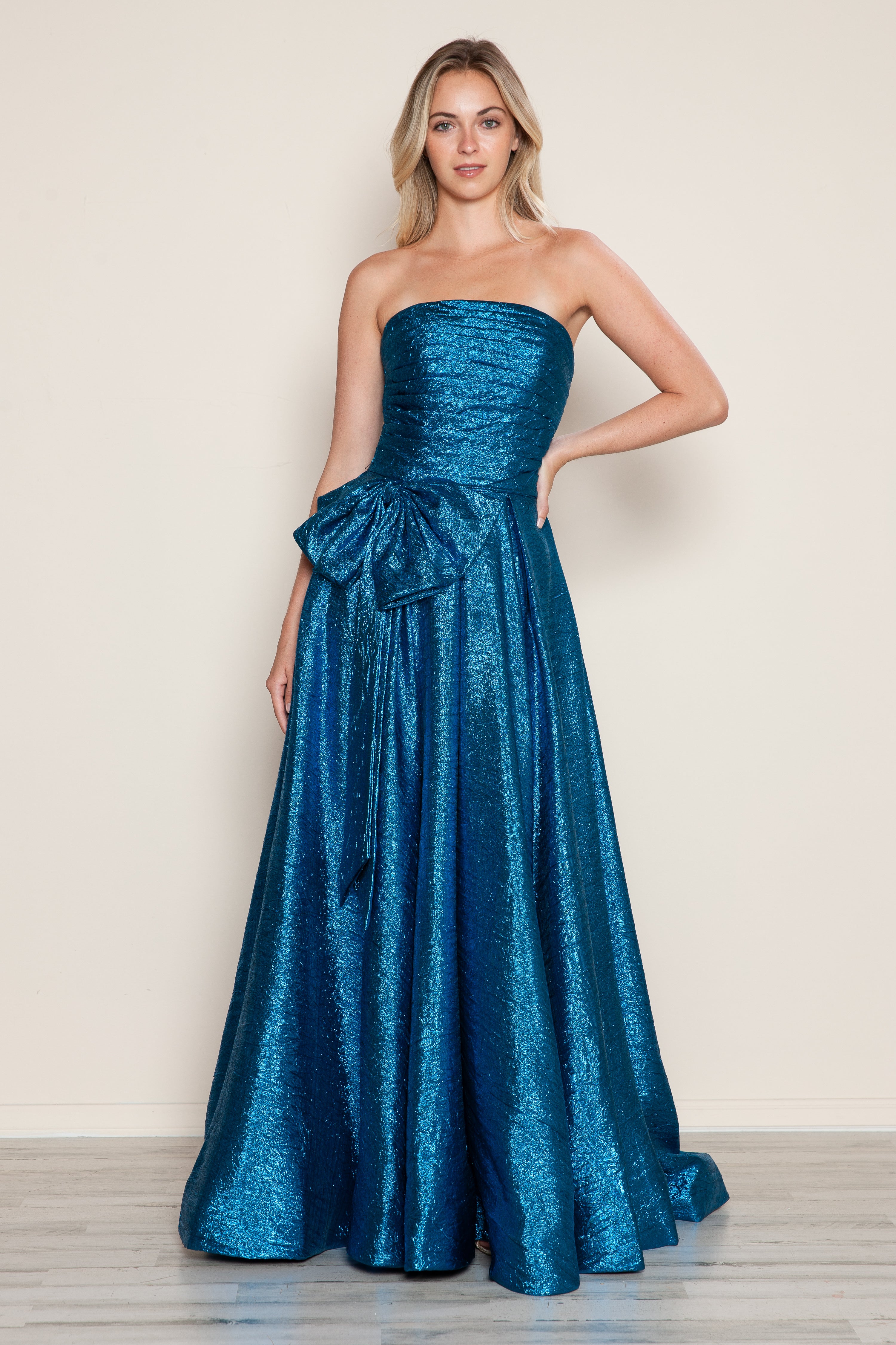 Poly USA 9720 Metallic Strapless A-Line Gown | FormalDressShops Peacock / 2XL Poly USA 9720 Metallic Strapless A-Line Gown | FormalDressShops Peacock / 2XL