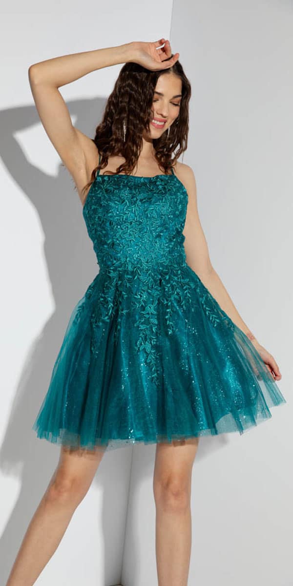 Cocktail Dresses Short Glitter Lace Cocktail Mini Dress Eureka Fashion 9727 Teal