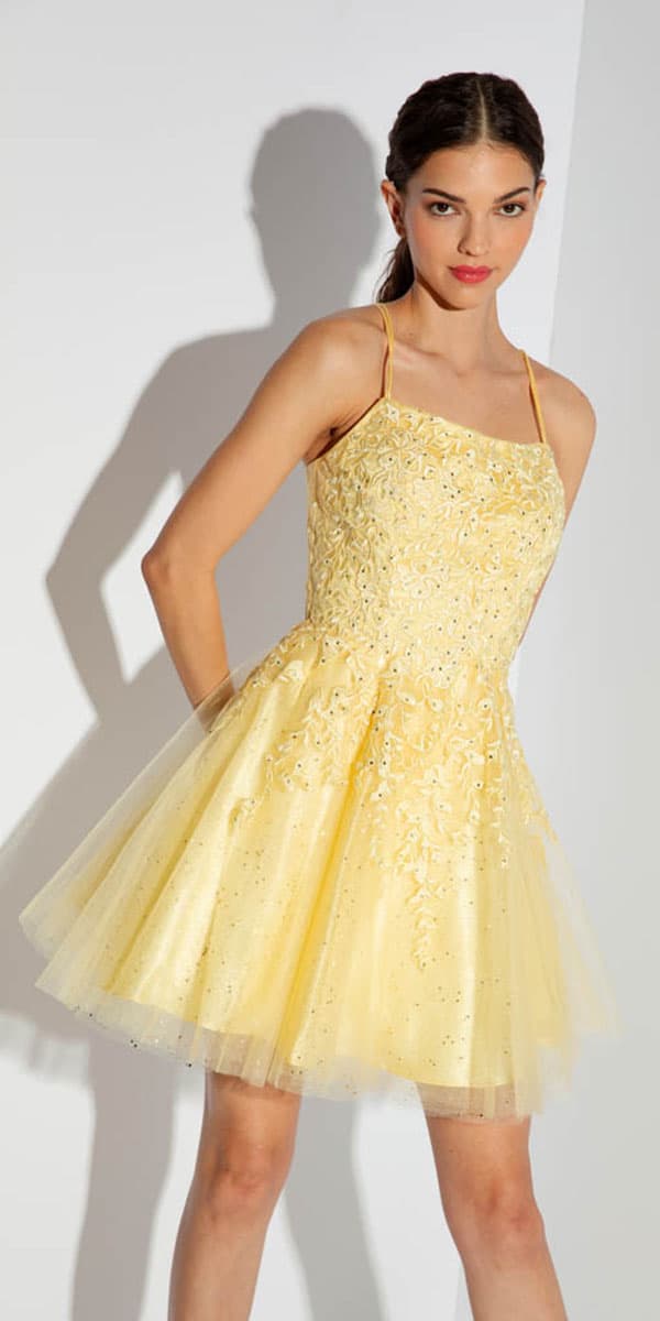 Cocktail Dresses Short Glitter Lace Cocktail Mini Dress Eureka Fashion 9727 Yellow