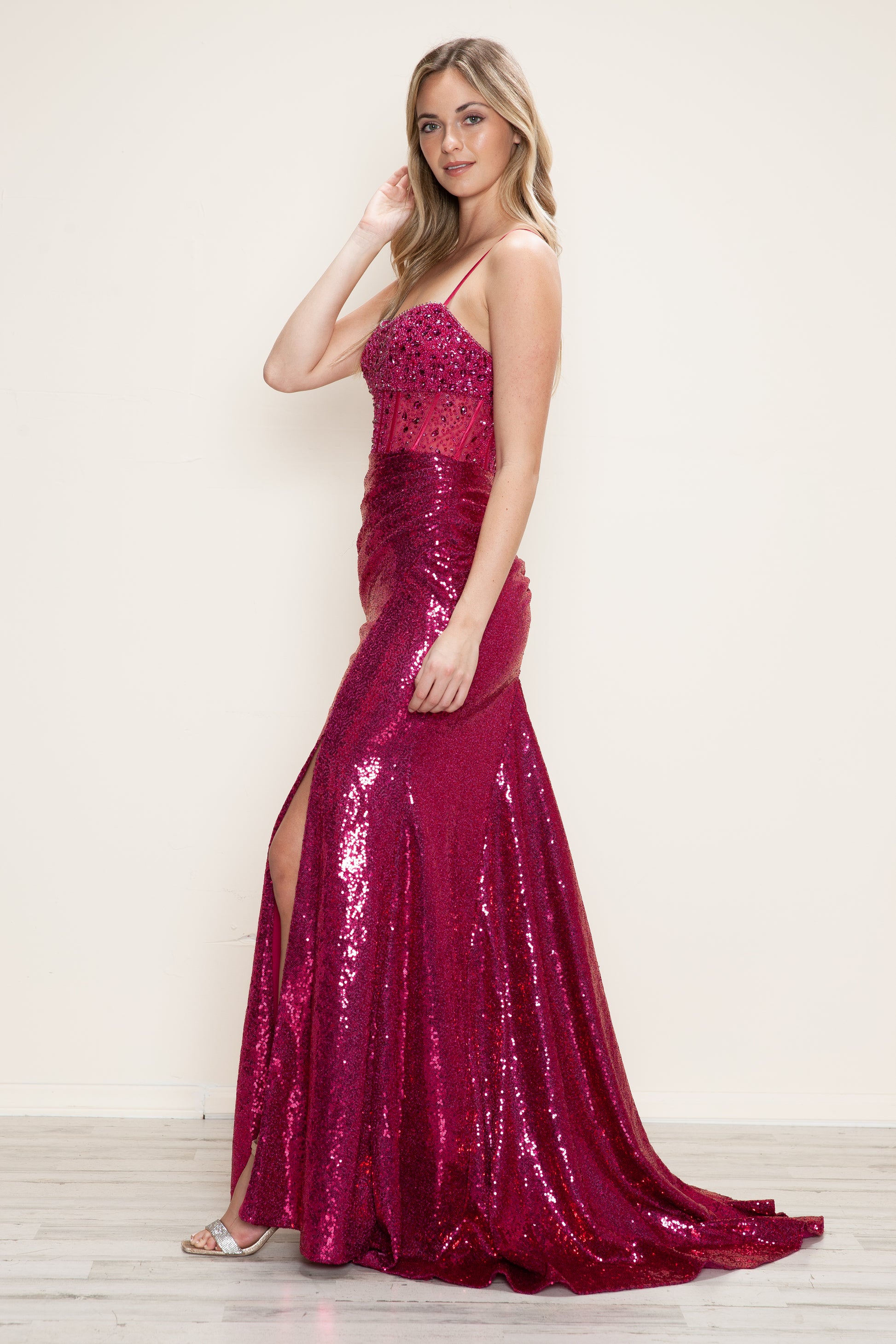 Poly USA 9732 Beaded Long Formal Slit Sequin Prom Dress