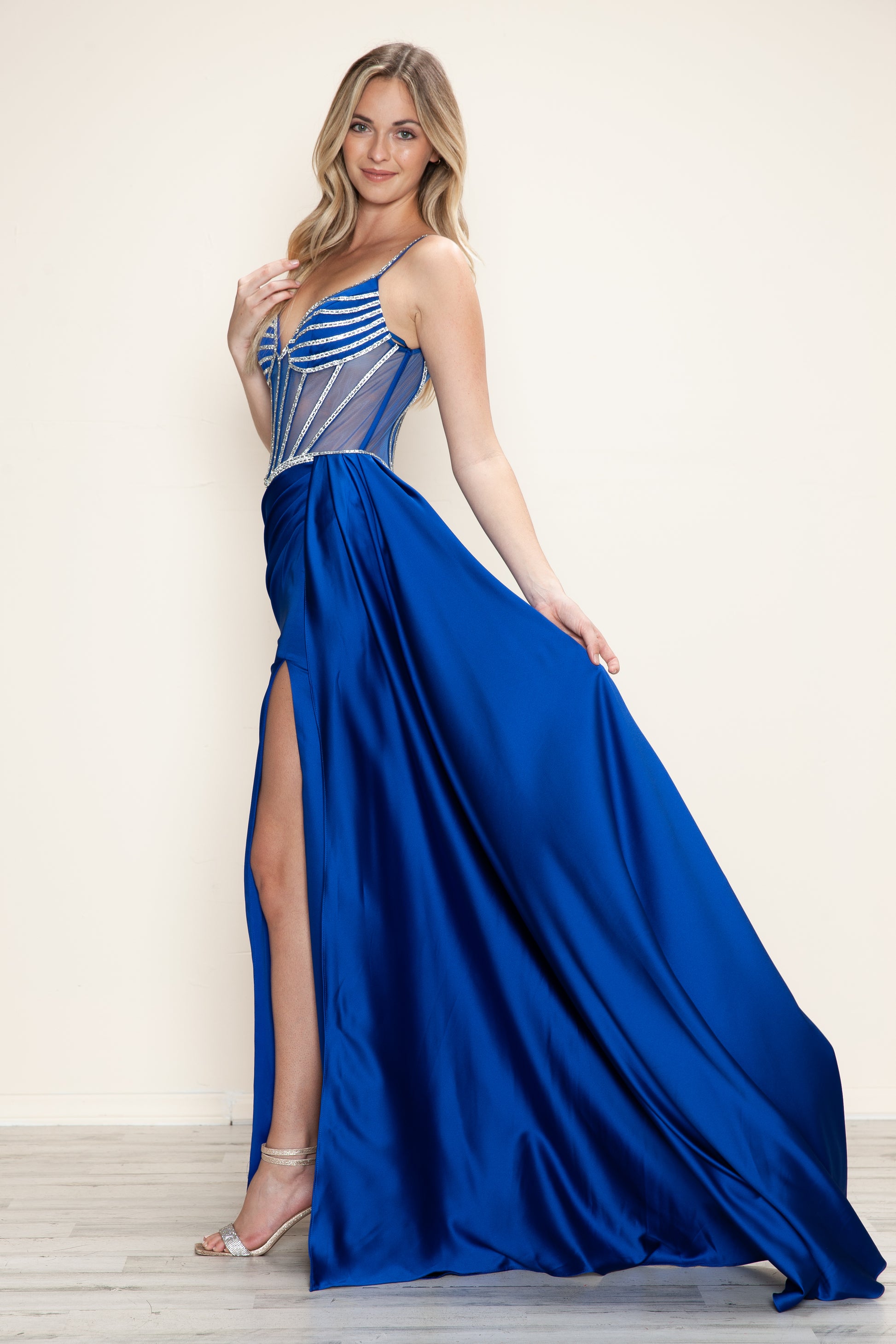 Poly USA 9746 Long Prom Beaded Slit Formal Fitted Dress