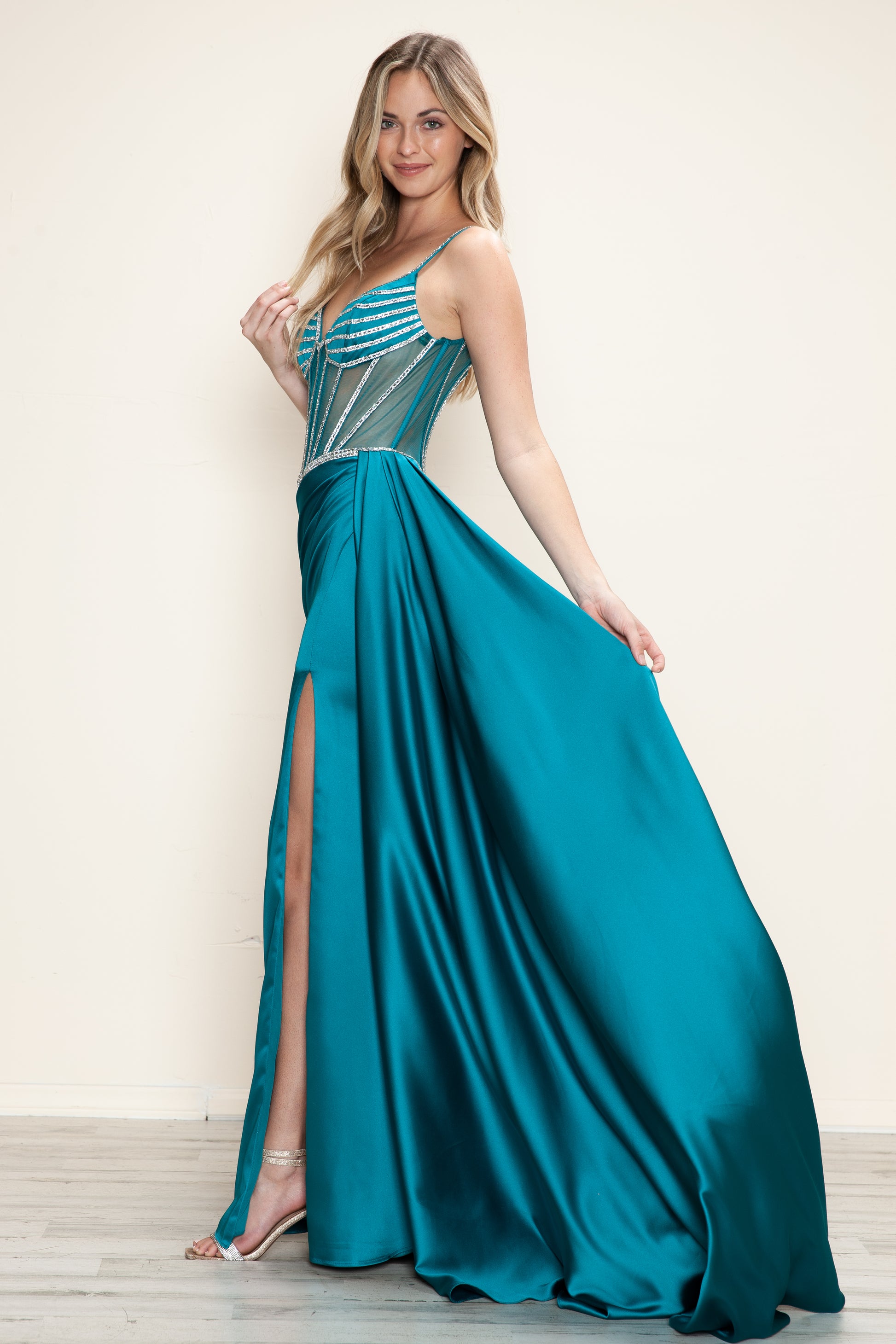 Poly USA 9746 Long Prom Beaded Slit Formal Fitted Dress
