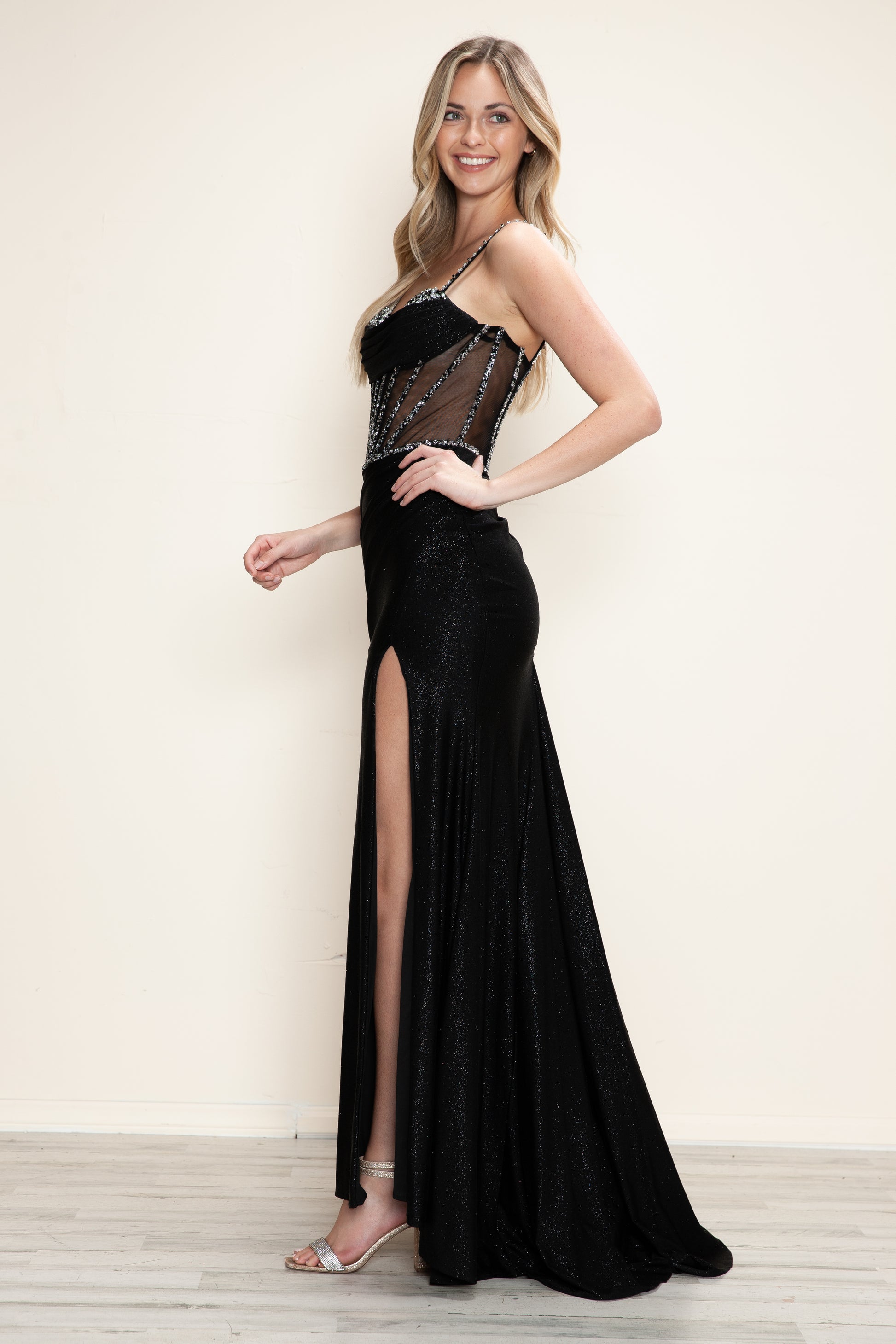 Poly USA 9750 Long Formal Slit Glitter Prom Dress