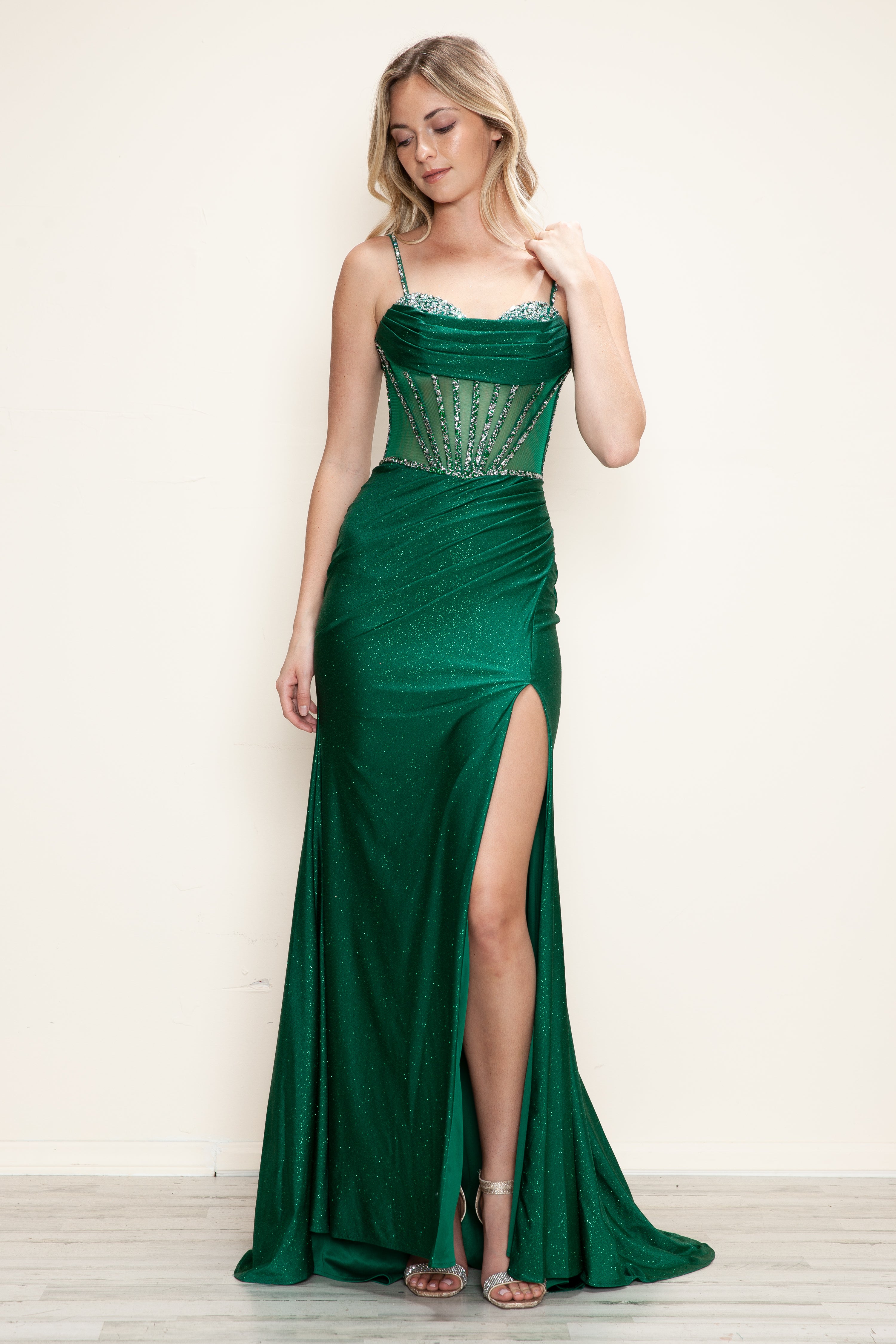 Long Glitter Prom Dress with Beaded Sheer Corset Black / XLarge