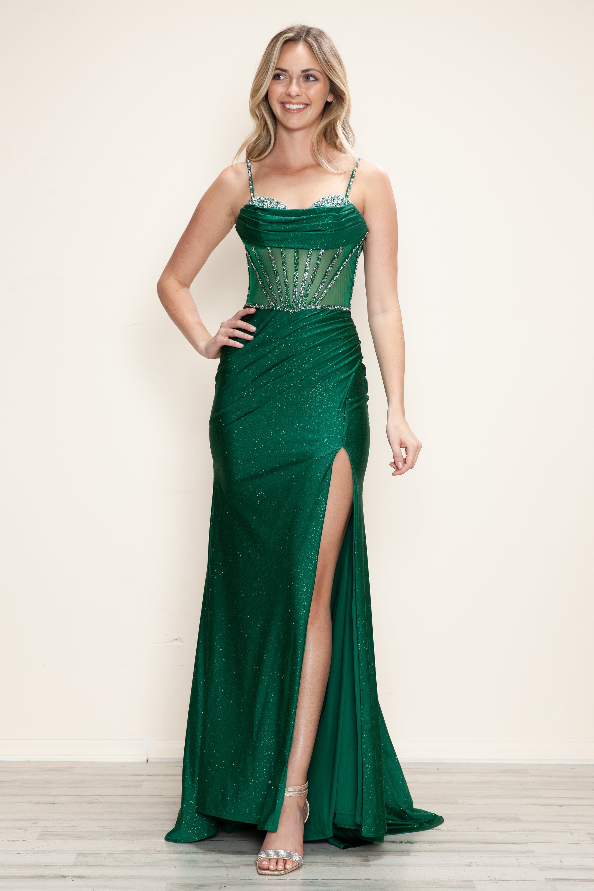 Poly USA 9750 Long Formal Slit Glitter Prom Dress