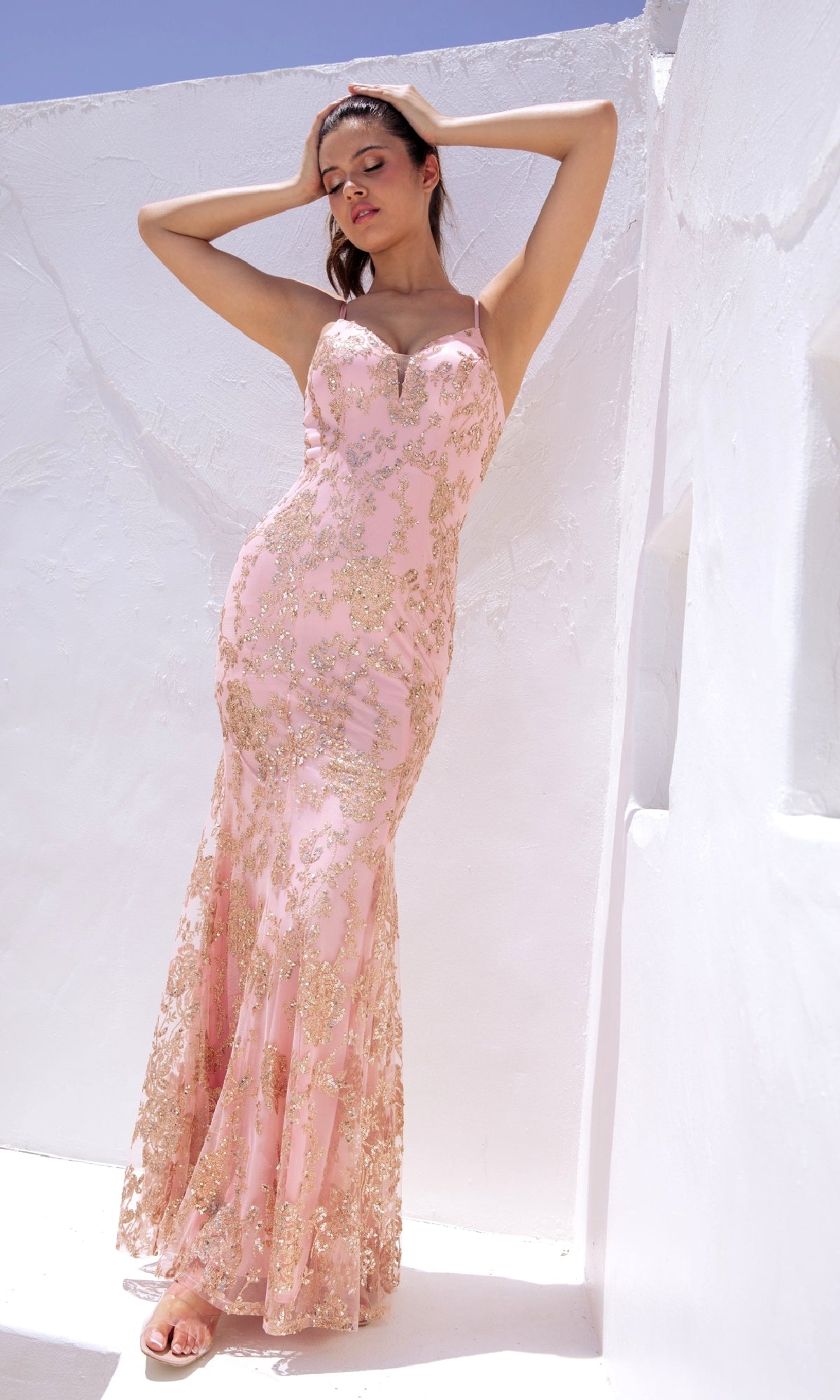 Prom Dresses Long Formal Glitter Mermaid Floral Print Prom Dress Eureka Fashion 9788 Rose Gold