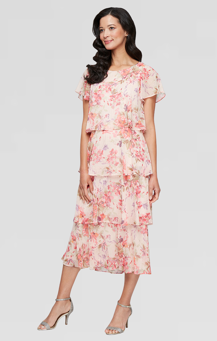 Plus Size Dresses Printed Long Plus Size Formal Tea Length Dress PEACH MULTI