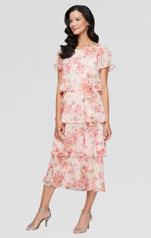 SL Fashions 9472116 Printed Long Plus Size Formal Tea Length Dress