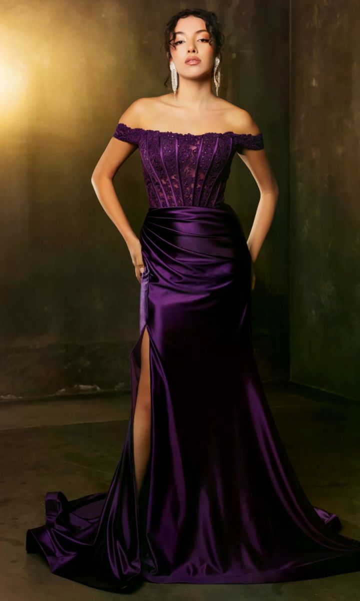 Off-the-Shoulder Floor-Length with Train Satin Prom Sheath Column May Queen 2146