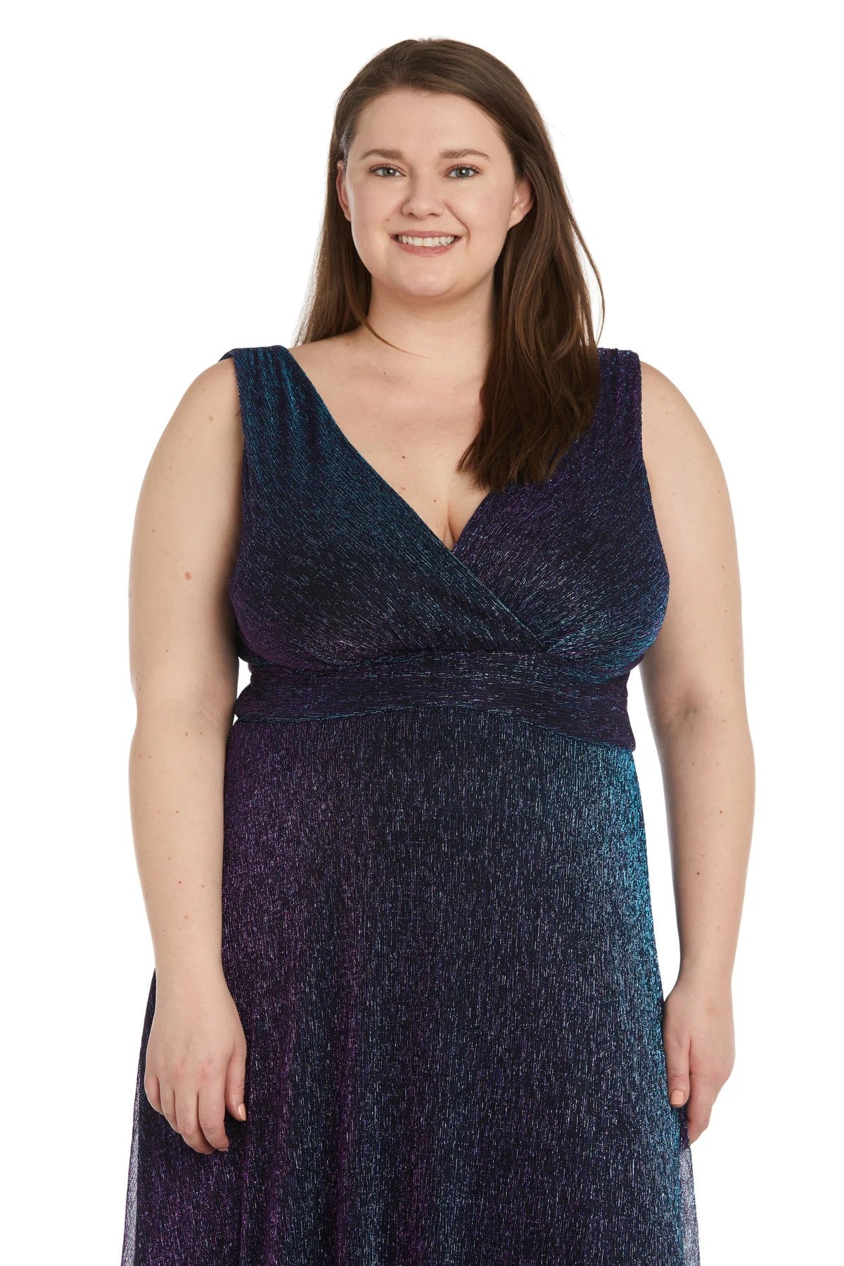 Plus Size Dresses Plus Size Long Formal Metallic Dress Peacock/Purple
