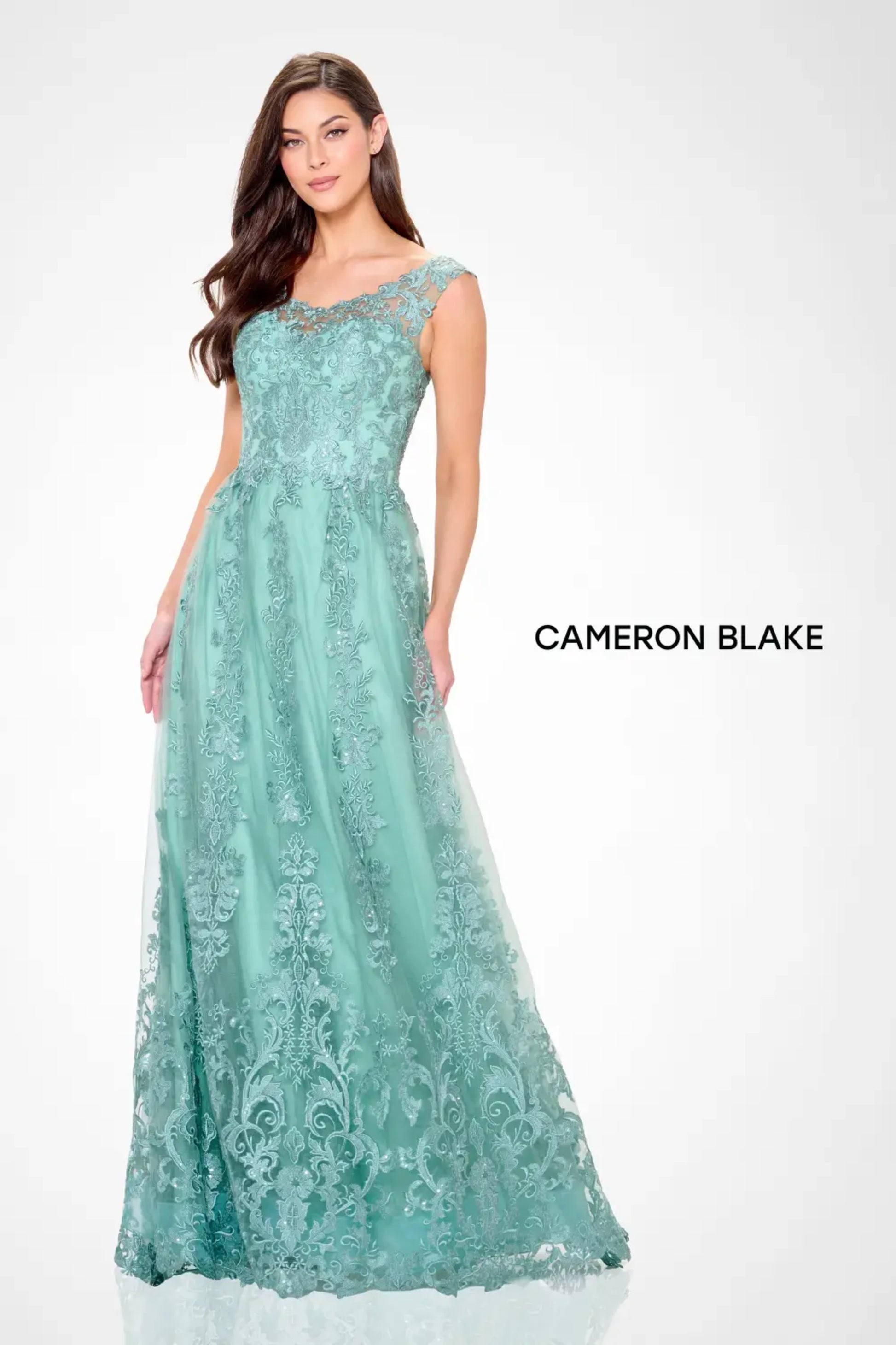 Cameron Blake CB3240 A Line Lace Applique Formal Sequin Evening Dress