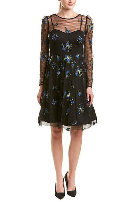 Taylor 9862M Long Sleeve A Line Floral Cocktail Dress